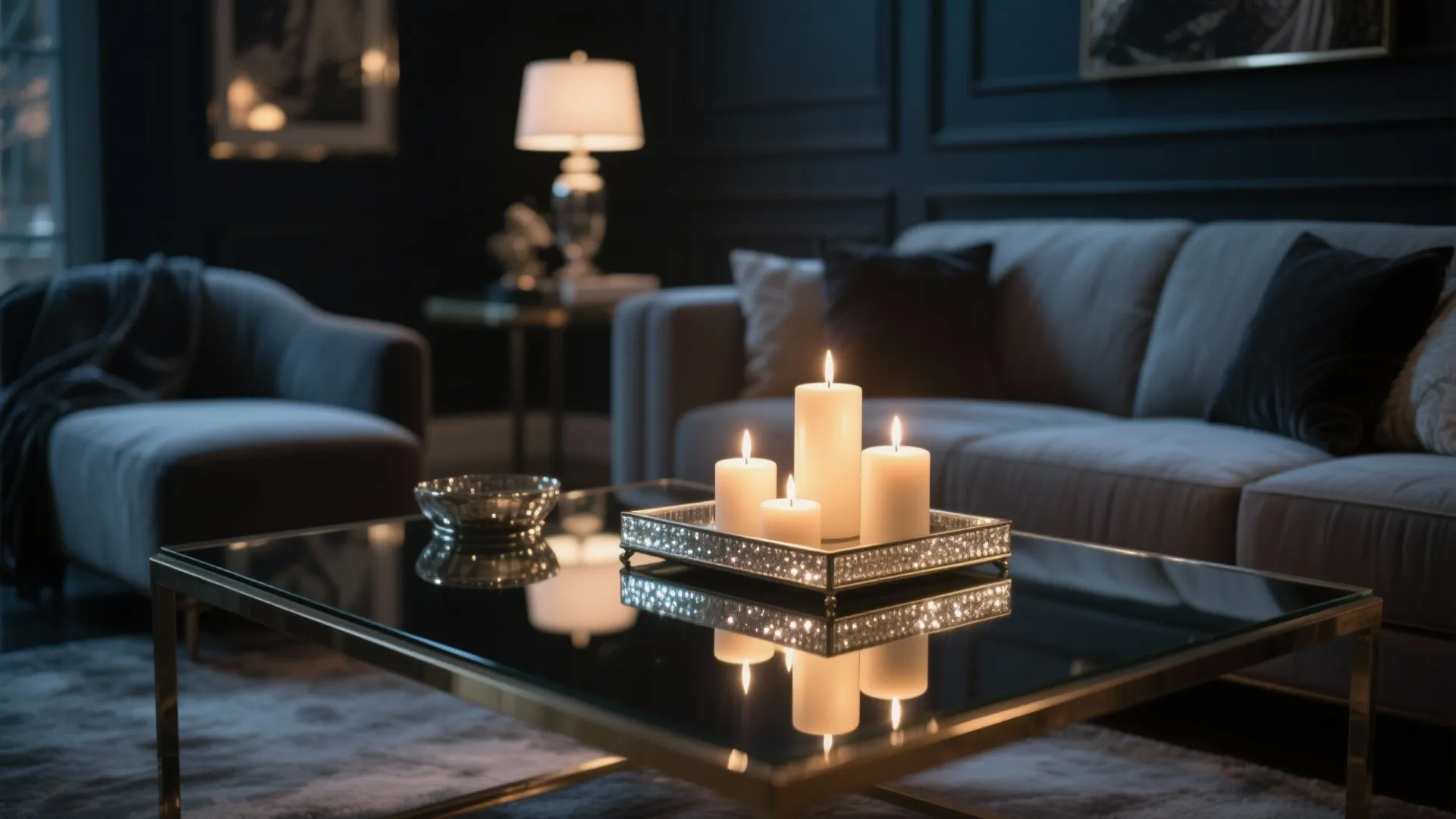 Four lit white candles sitting on a mirrored tray atop a dark glass coffee table