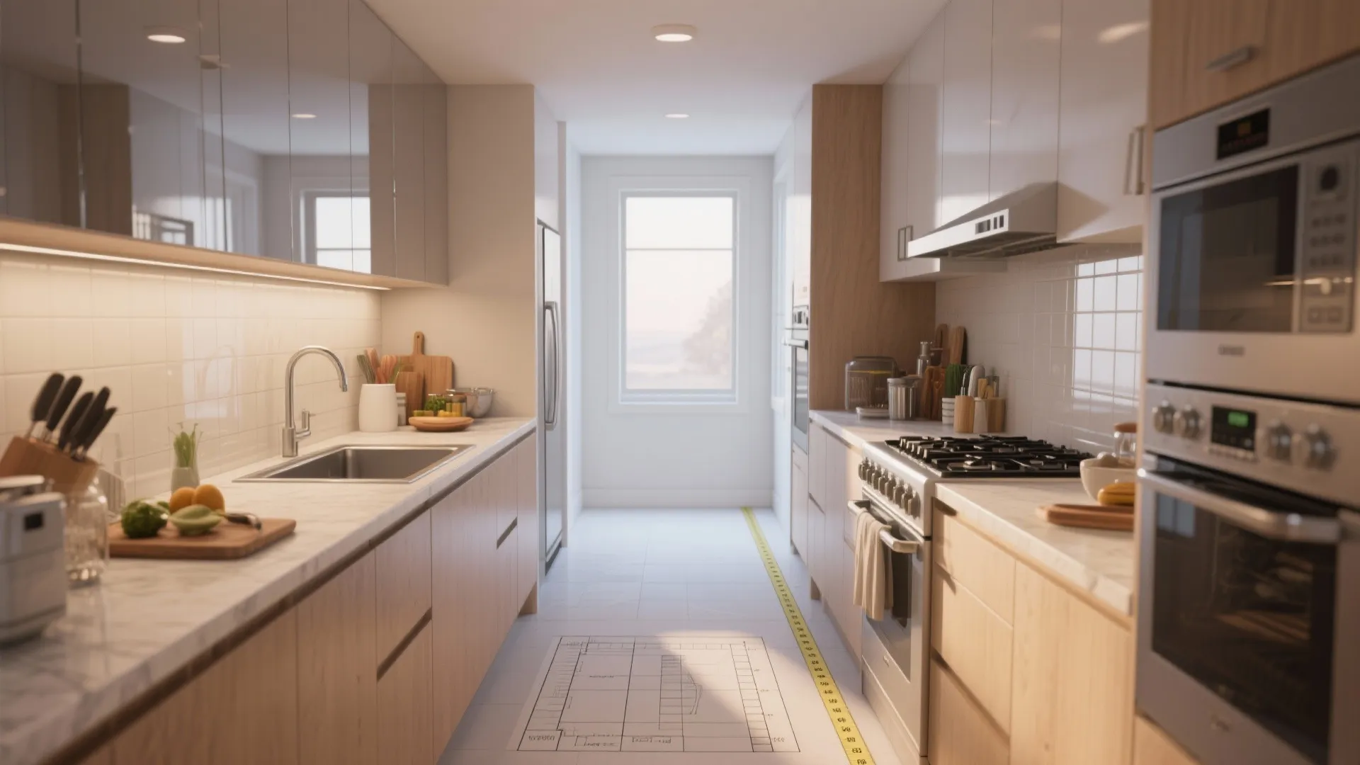 Galley kitchen with mirrored work triangles showing staggered sink, stove, and fridge positions.