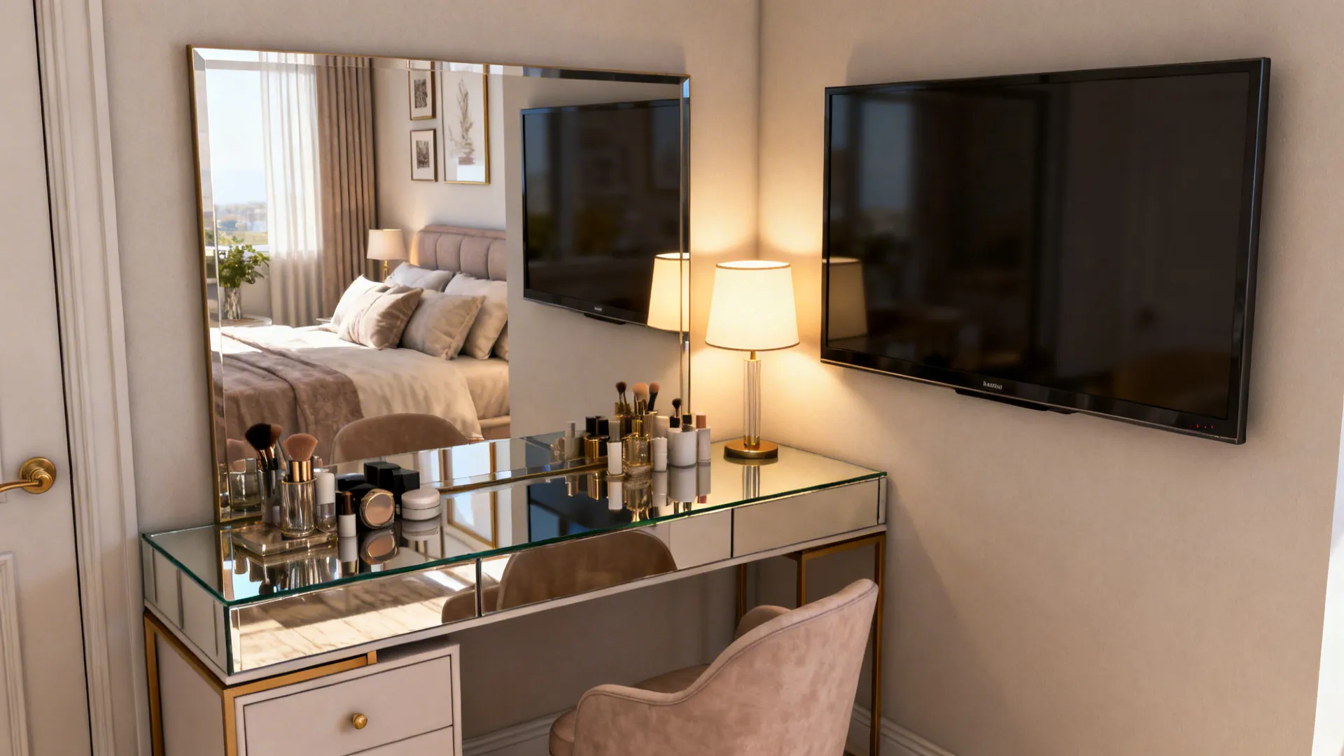 Mirrored TV used as a reflective surface near a vanity in a small bedroom