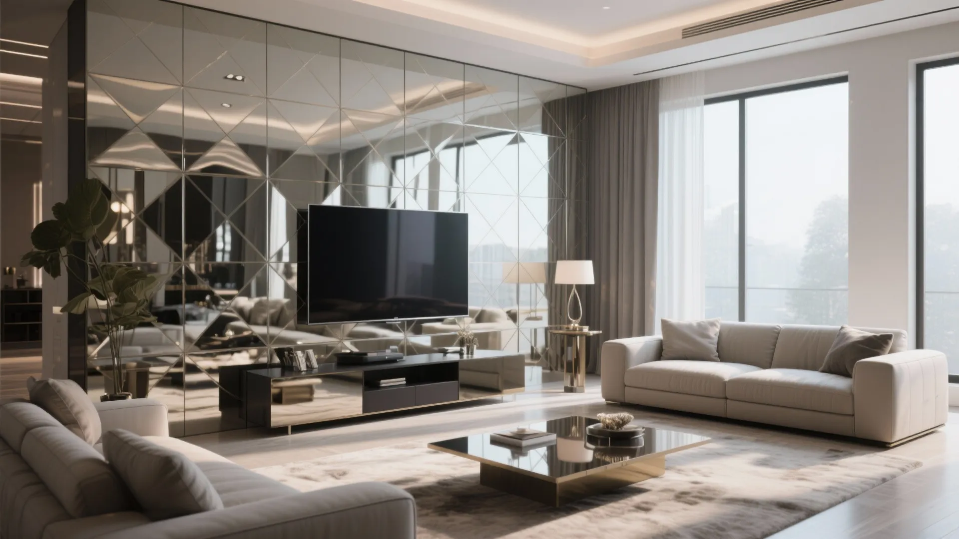 Modern living room featuring black television on mirrored wall diamond pattern with white sofa furniture
