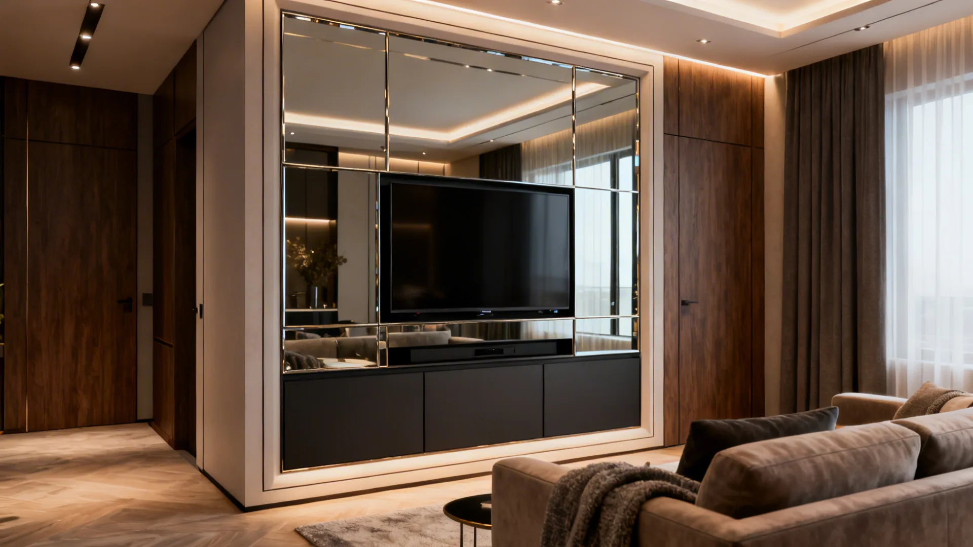 Modern living room showing a television wall with mirrored panels and dark wood side panels