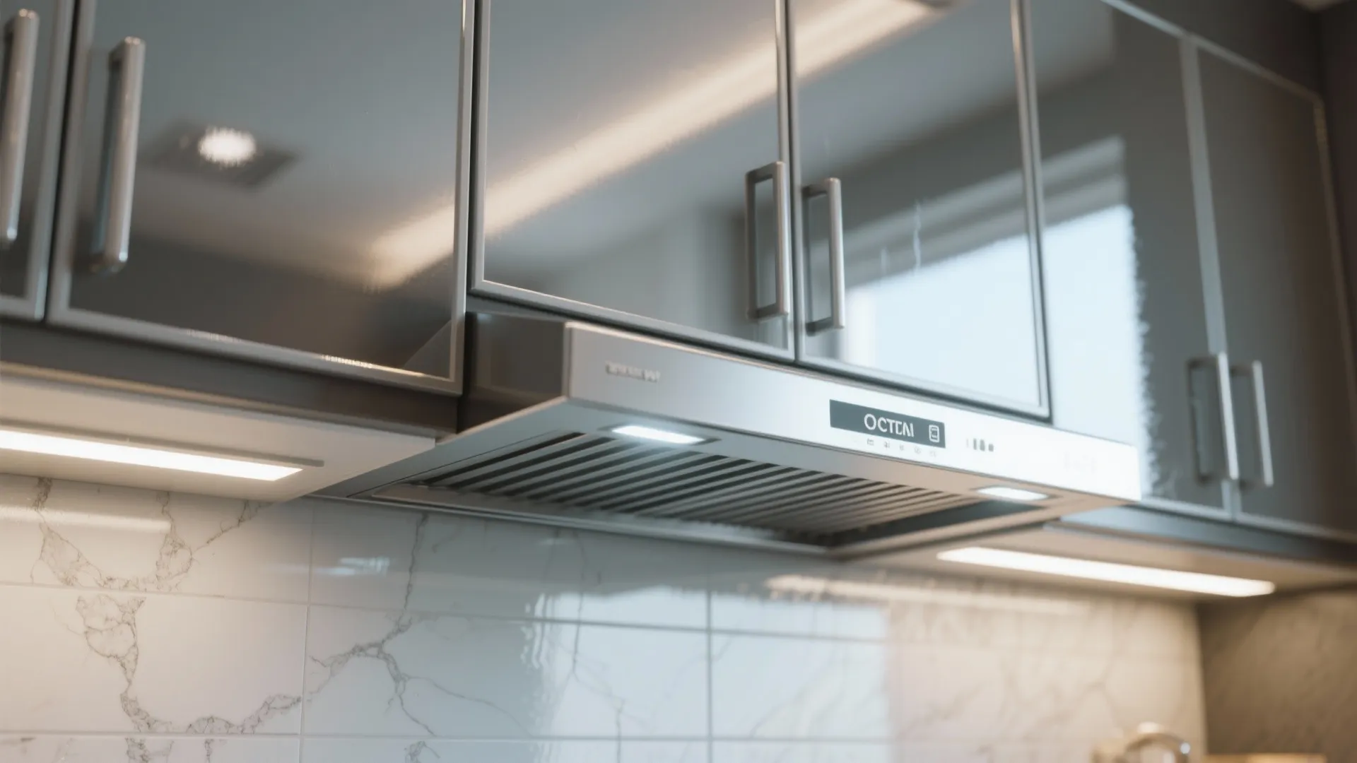 Mirrored upper cabinets above a range reflecting light to make the kitchen feel larger