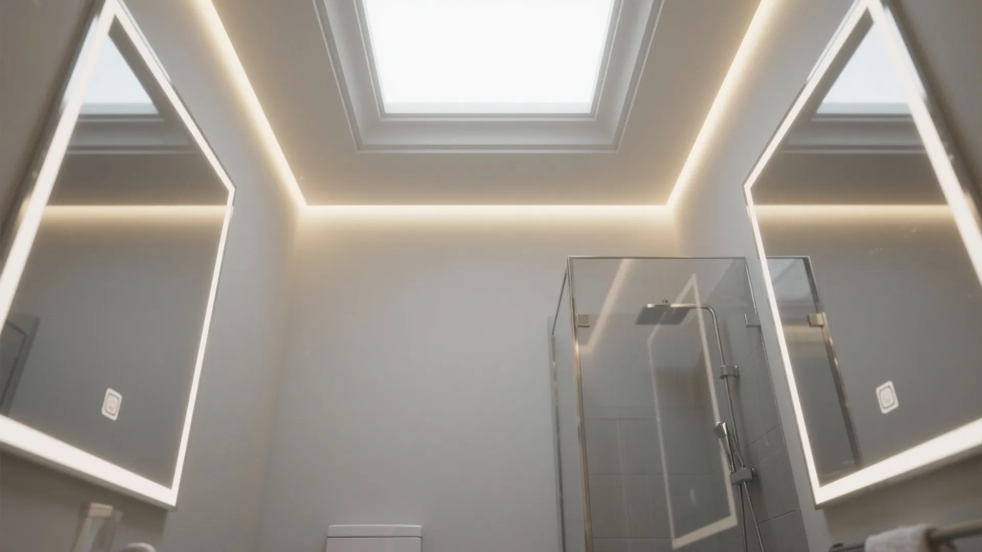 Modern bathroom with roof window and two lighted mirrors next to a glass shower cabin