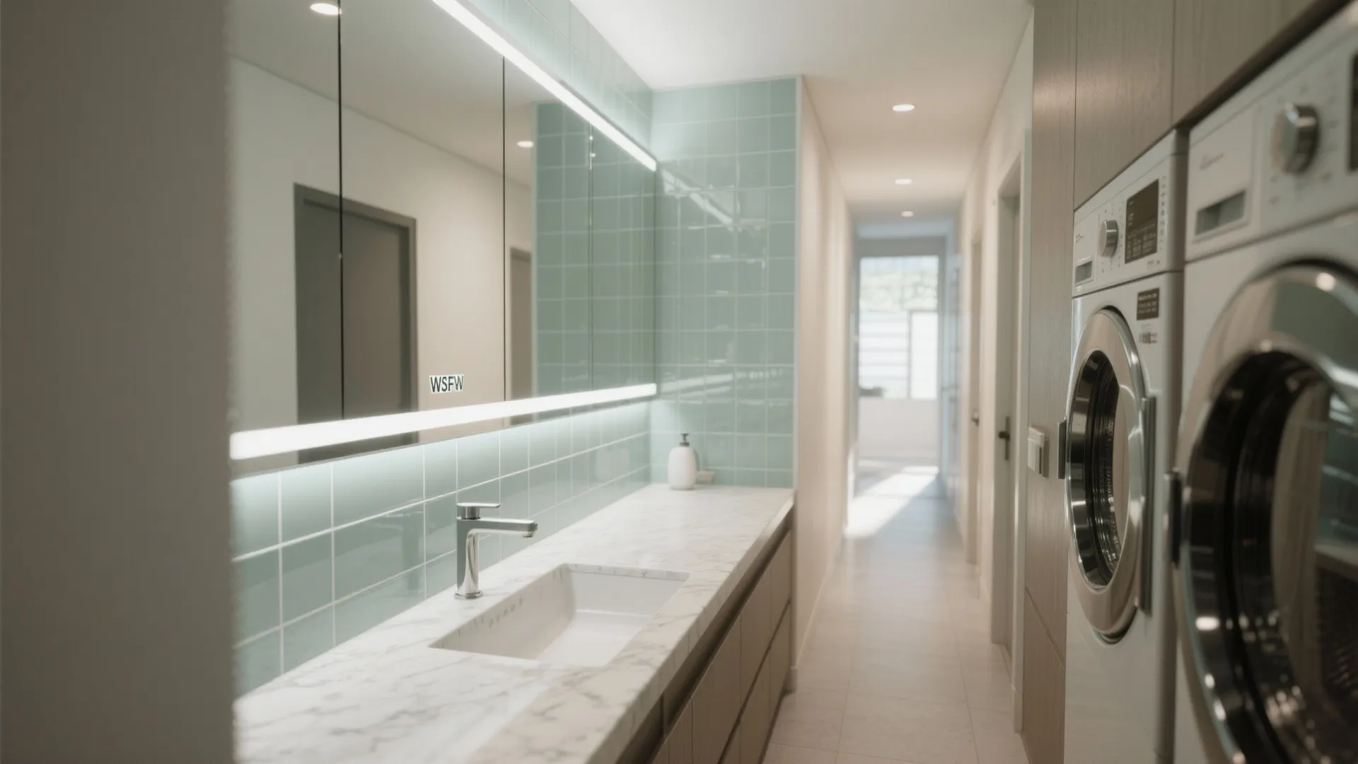 Modern bathroom with marble counter, sink, green tile wall, large lighted mirror and laundry machine