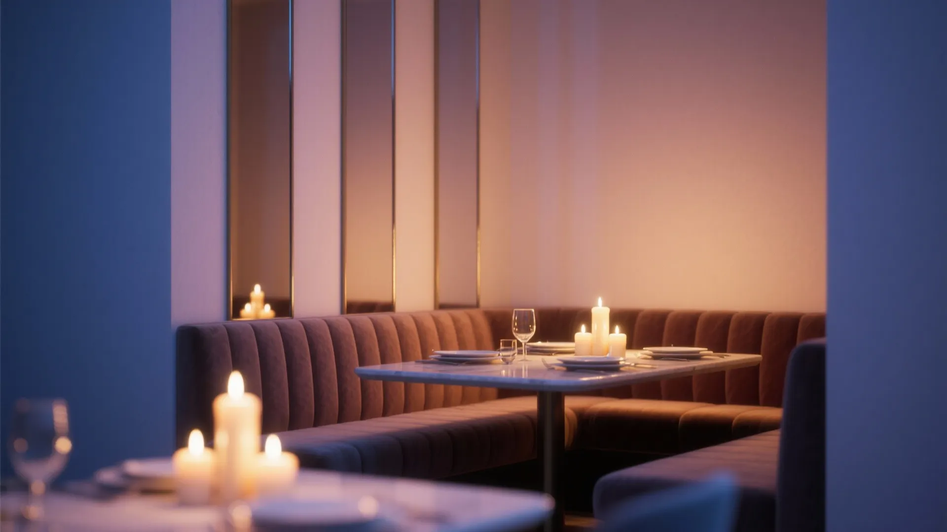 Elegant corner dining area with purple sofa marble table lit candles and narrow vertical mirrors