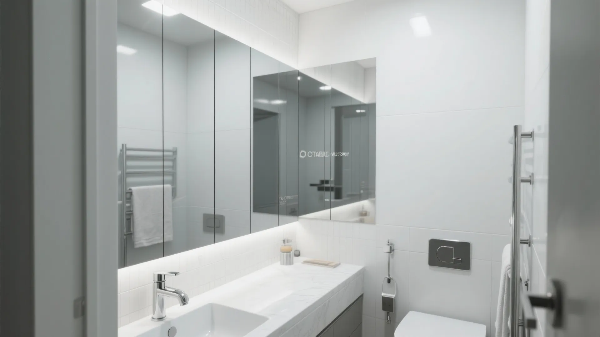 Clean white bathroom featuring large mirrored wall panel above a marble sink with light fixture