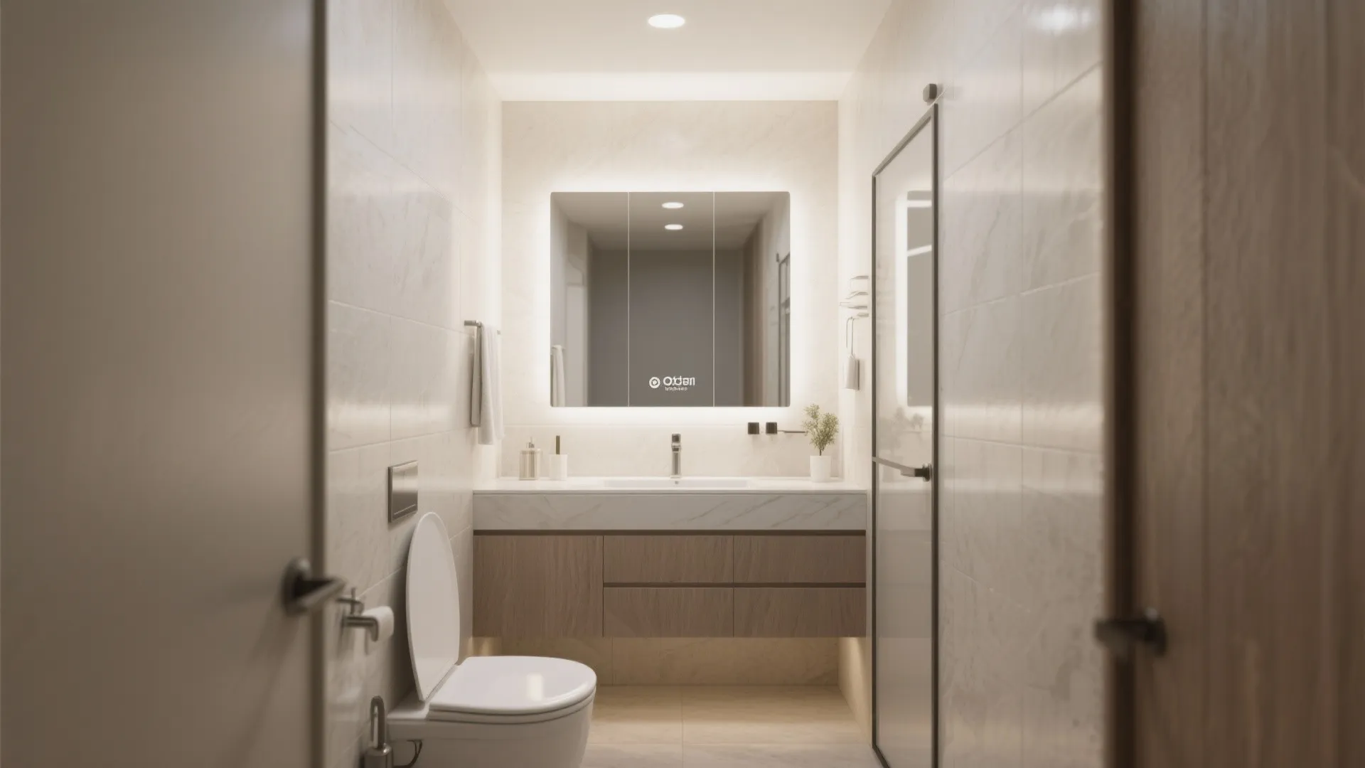 View through door of a modern bathroom with large lighted mirror wood cabinet and white toilet
