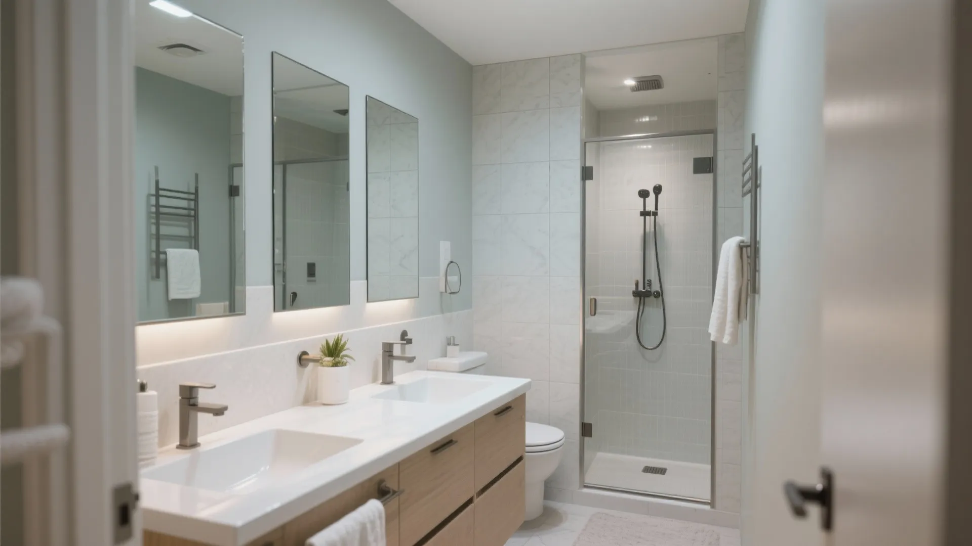 Full-height mirror expanding small bathroom visually