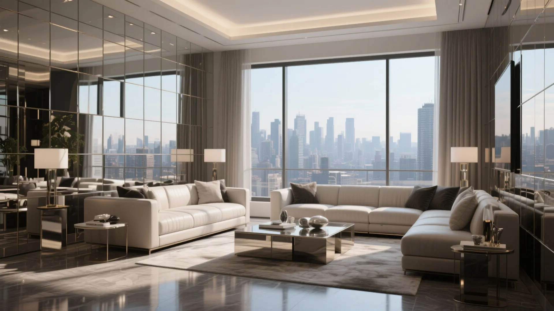 Modern penthouse living room with mirrored wall panels