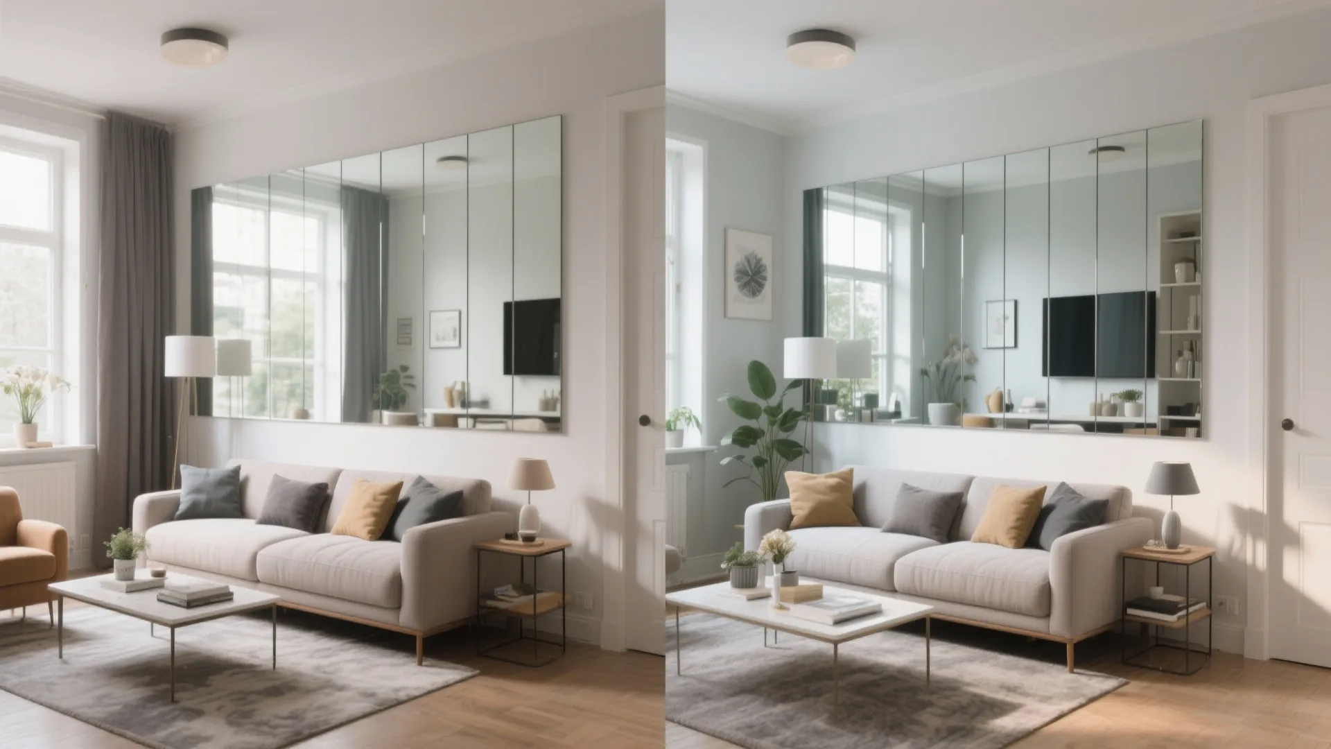 Before-and-after interior design drawing showing a sofa area with and without a large wall mirror set