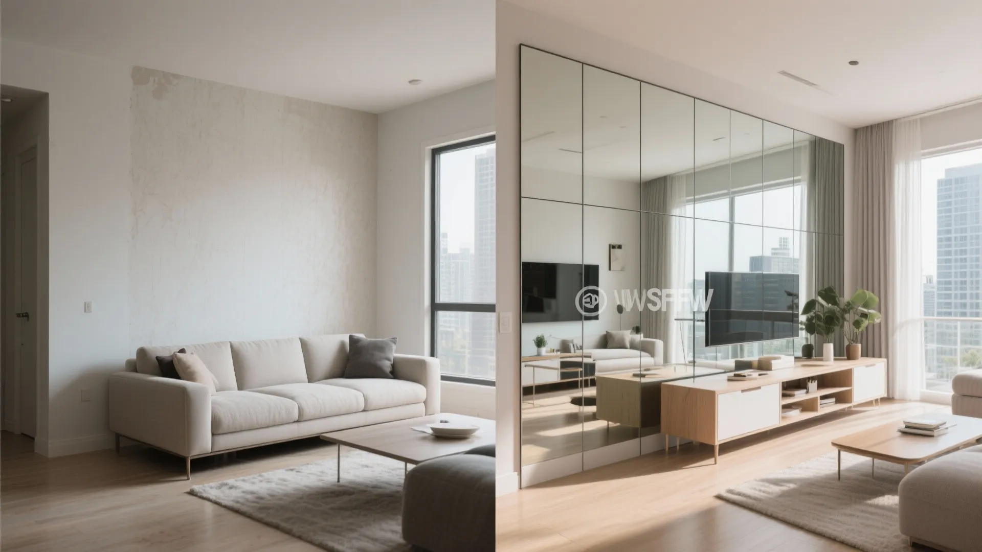Before and after comparison of a living room showing how a mirrored wall expands the space
