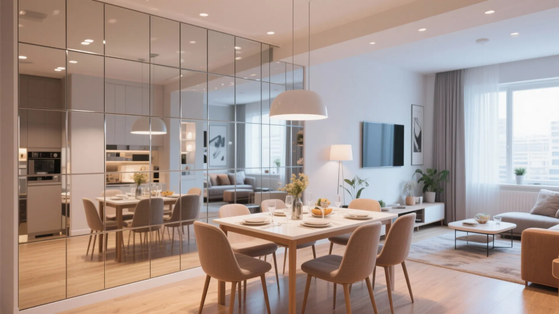 Dining room featuring mirrored wall tiles white table tan chairs ceiling light and wooden floor boards