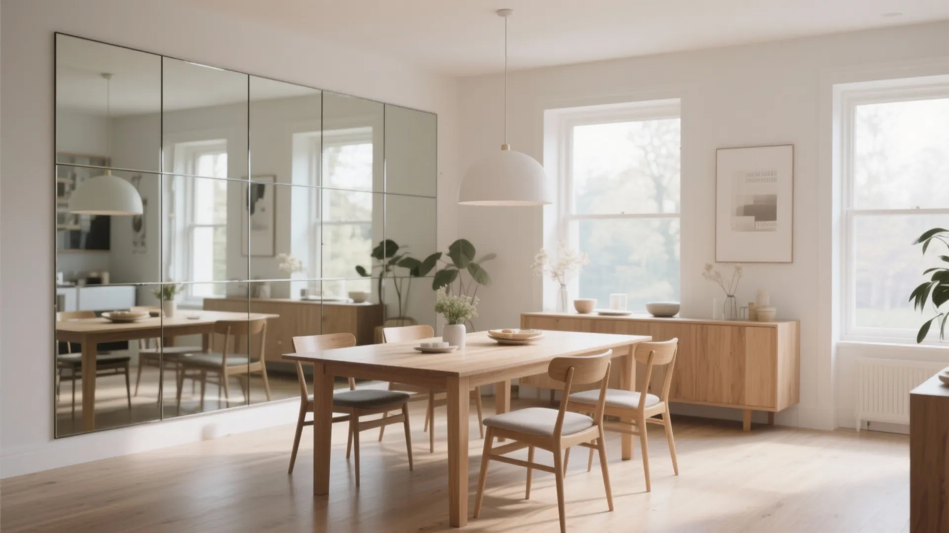 Modern dining room featuring mirrored wall panels, wooden table, chairs, and white dome ceiling light