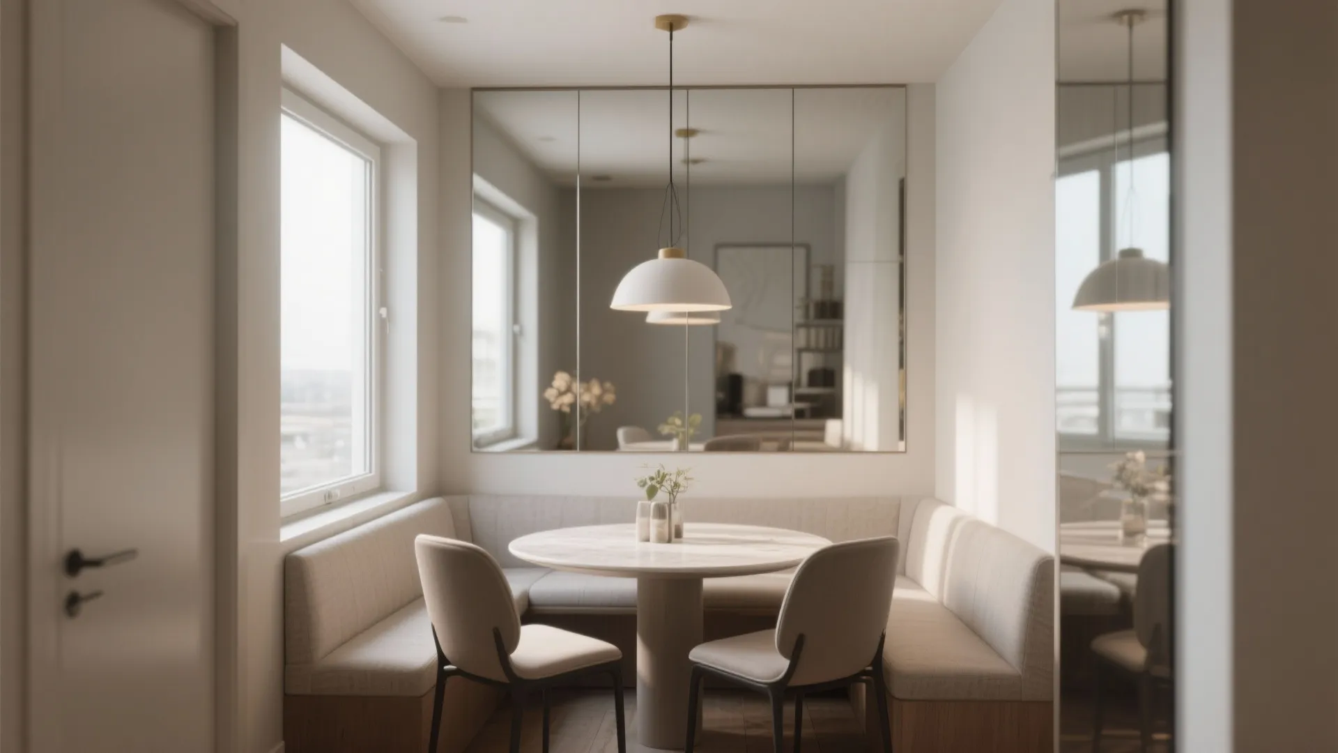 Mirrored wall panels to double perceived space