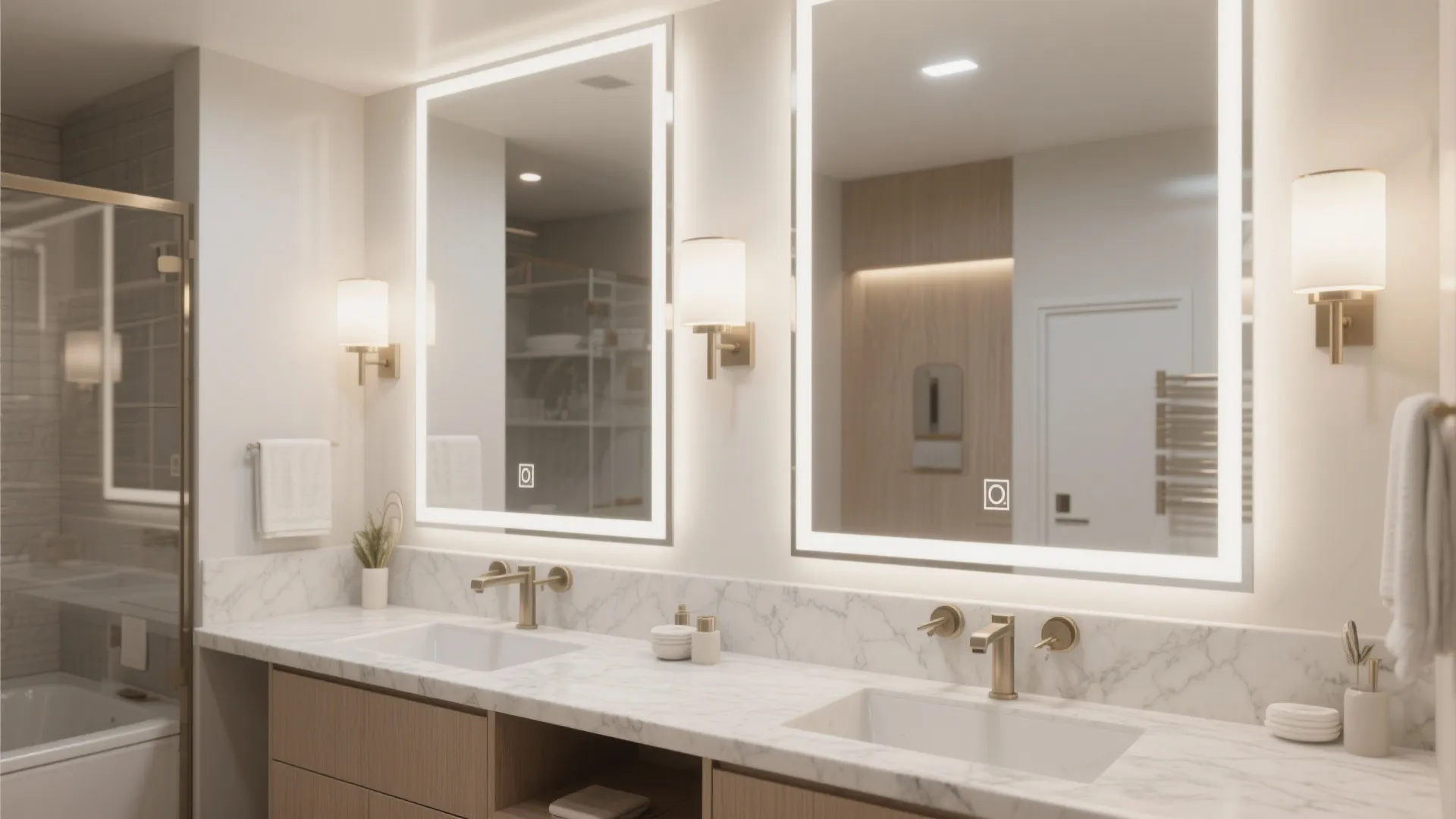 7. Mirrored Wall with Dual Lighting