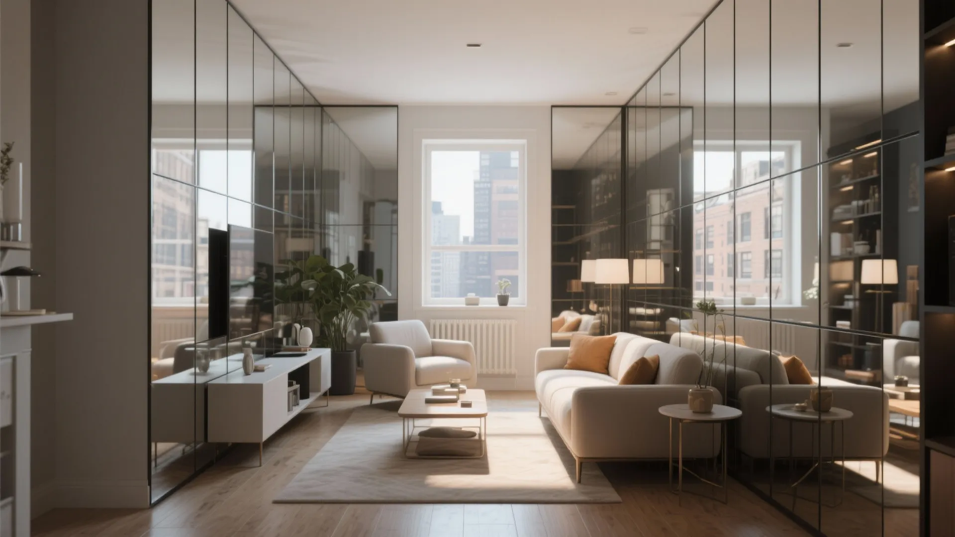 Floor-to-ceiling mirrored wall panels that expand space visually