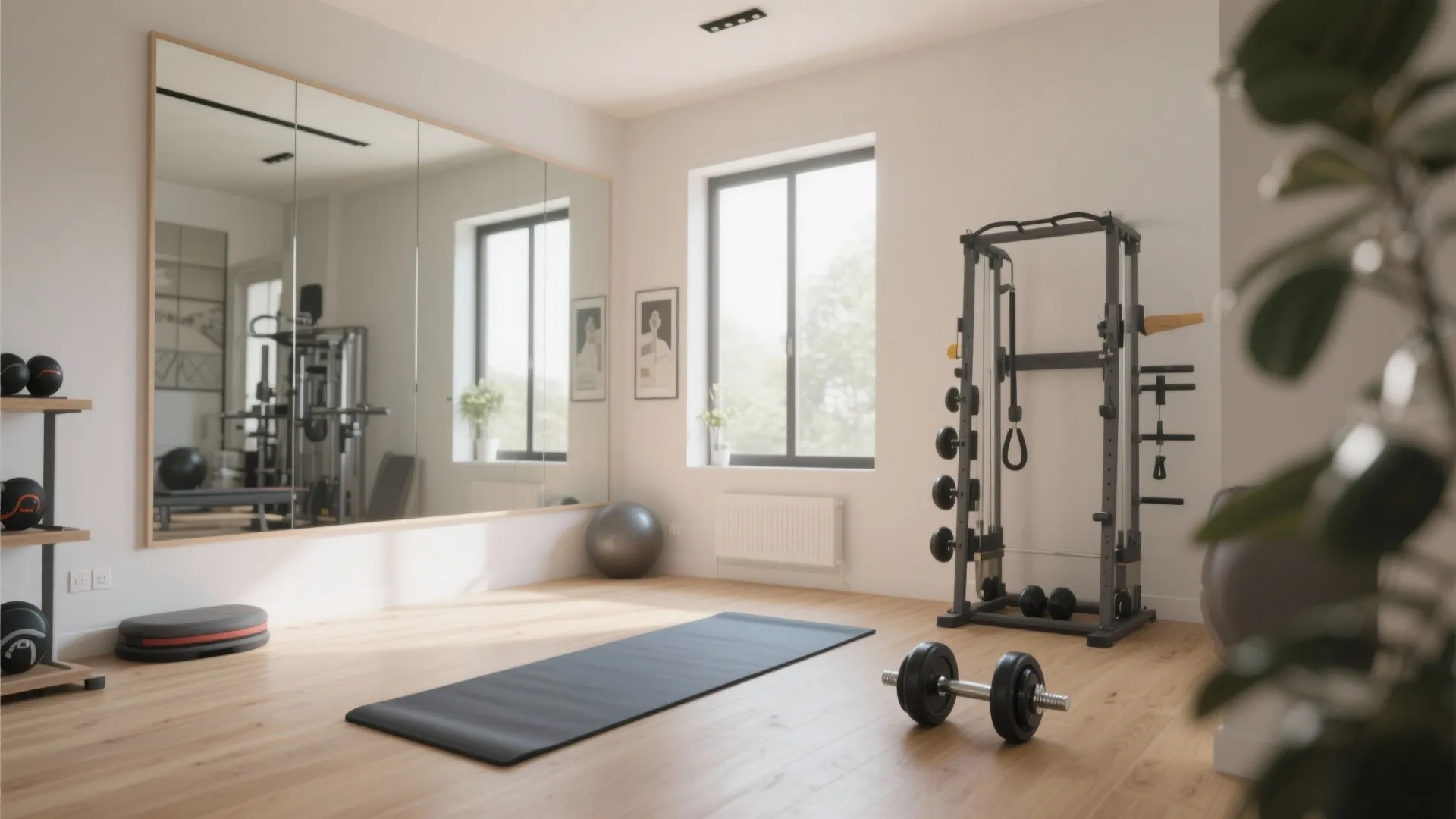 Bright home gym with large wall mirrors wooden flooring exercise mat and various fitness training equipment