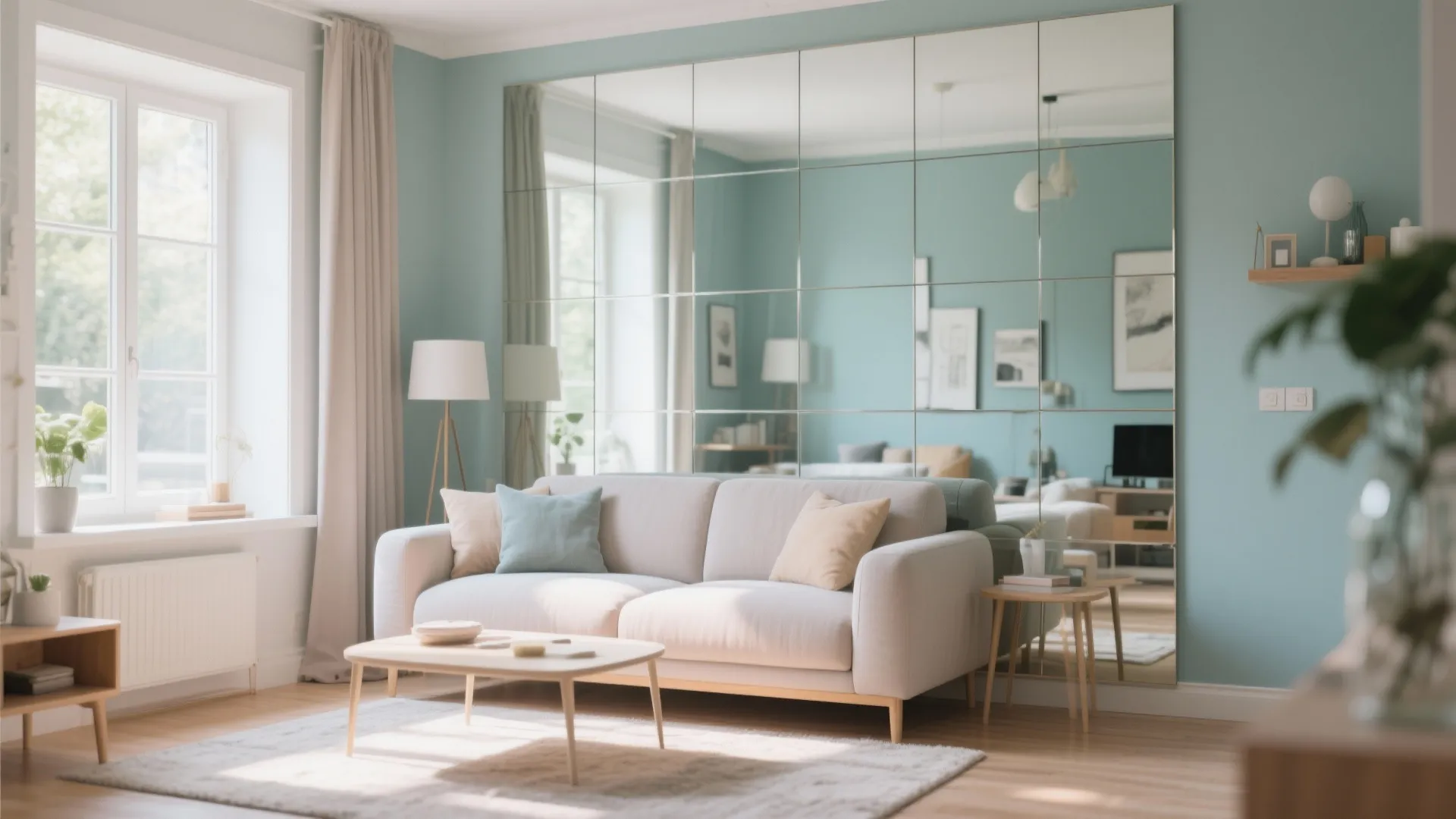 Bright living room with blue walls a large grid wall mirror white sofa and table