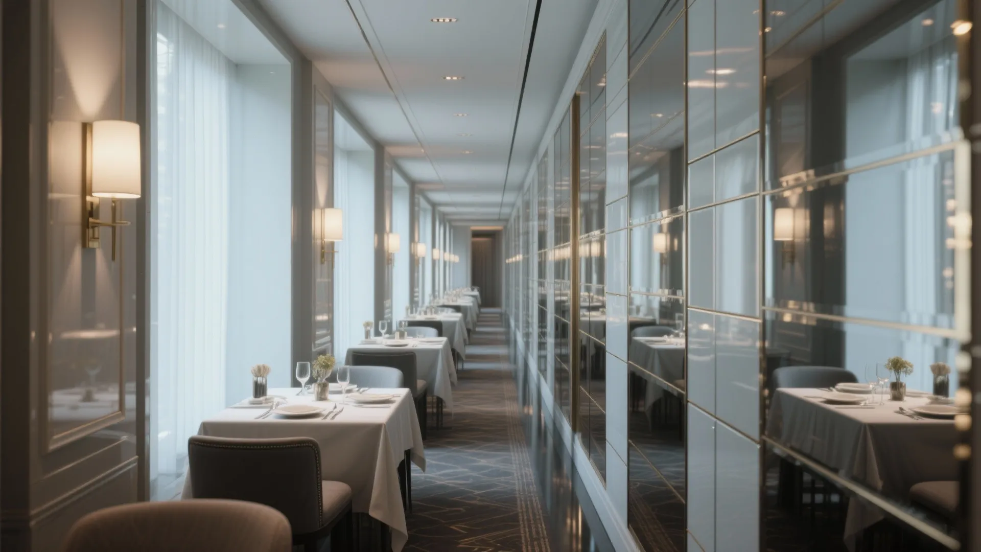 Long restaurant hallway with mirrored wall paneling reflecting white dining tables and soft wall lights