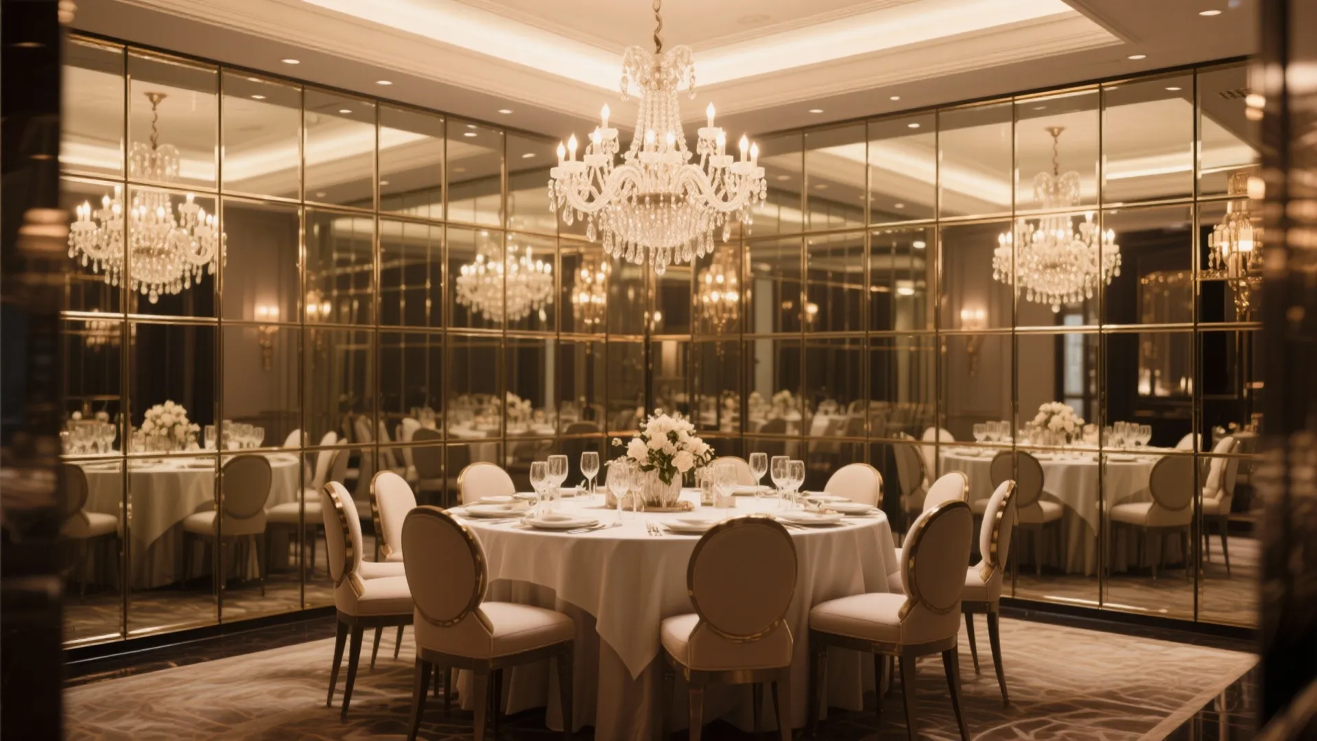 Luxury dining room with mirrored wall panels, crystal ceiling light, round table, and white chairs