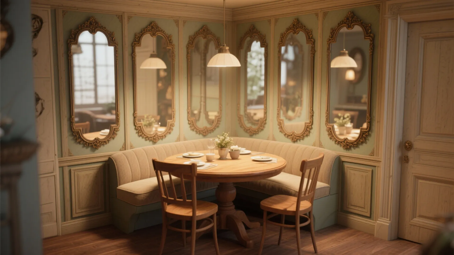 Antique mirrored wall panels in a cozy dining nook