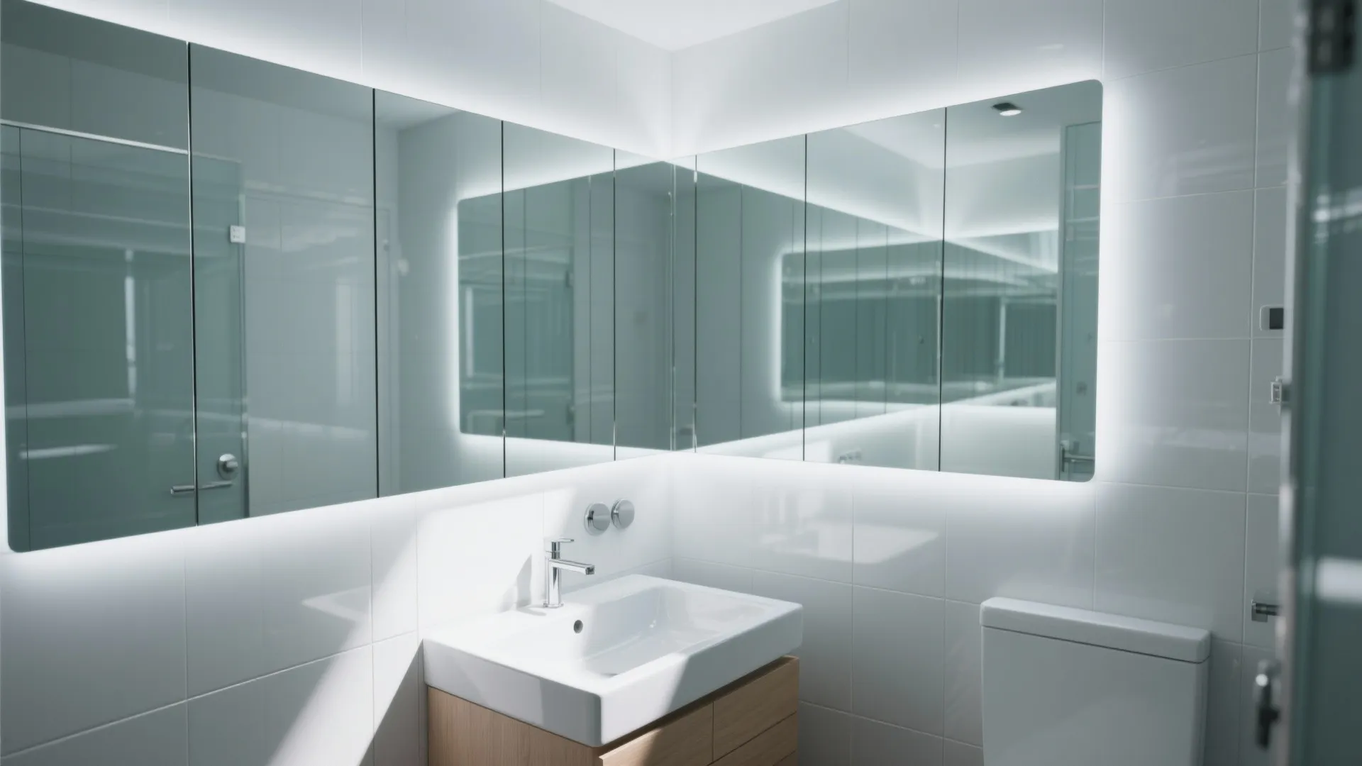Small bathroom with mirrored upper wall panels behind basin