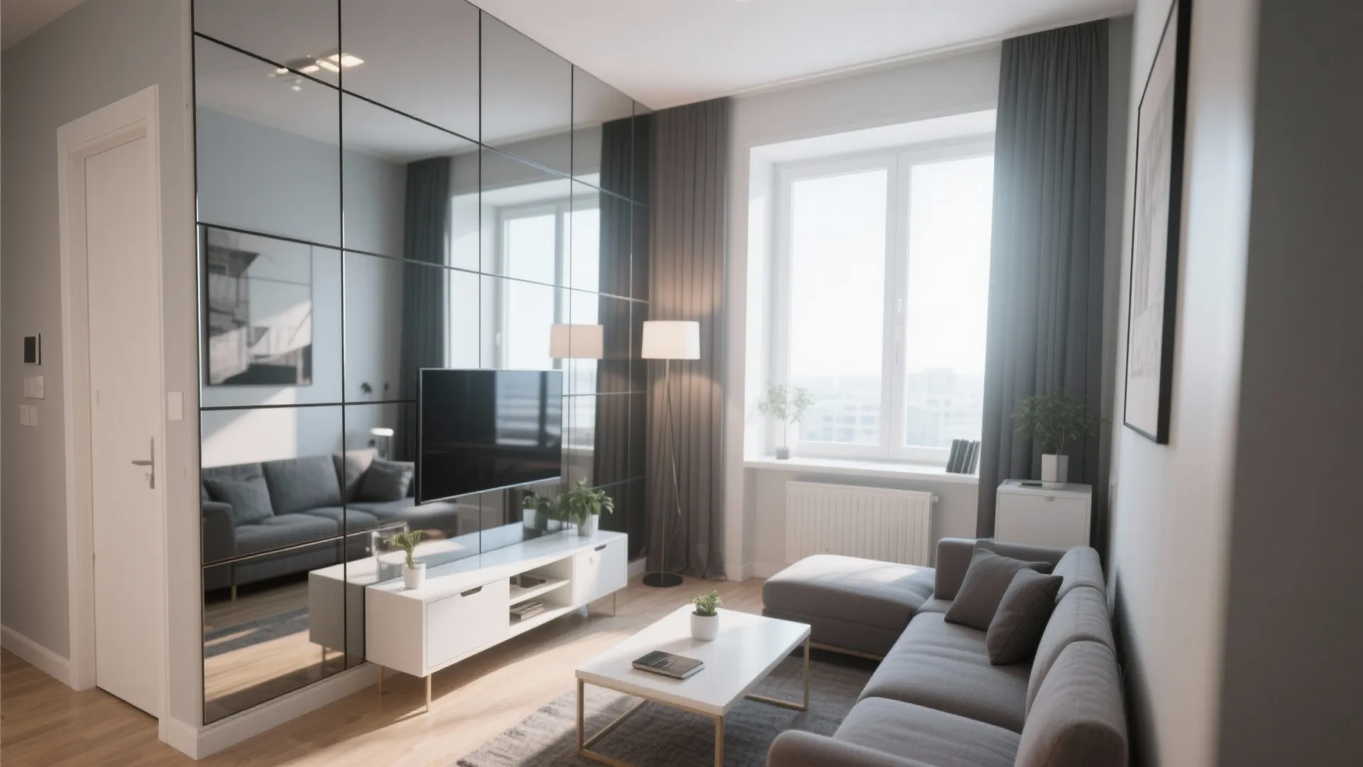 Mirrored panels reflect light in a small living room