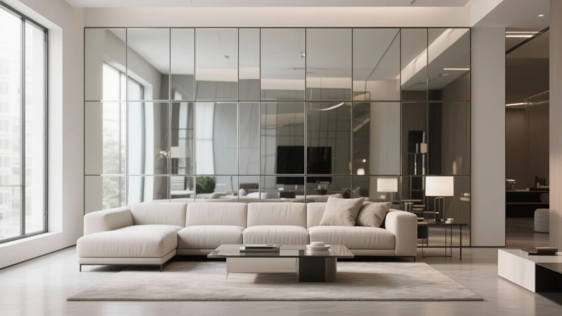 Segmented mirrored wall panels behind a sofa in modern living room.