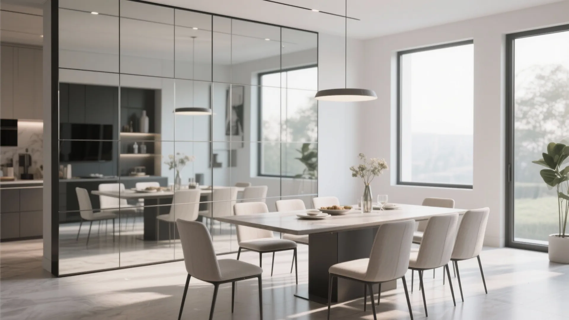 Bright dining area featuring a full wall of mirrored panels next to a wooden table