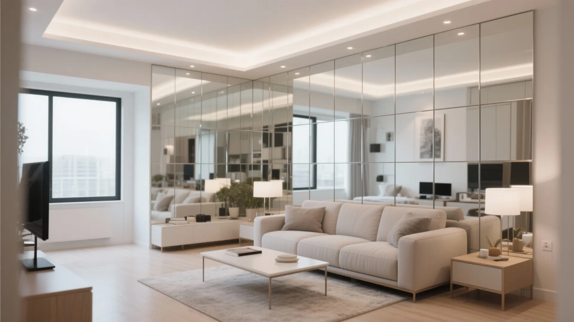 Mirrored wall panels enhance light and space in a small living room