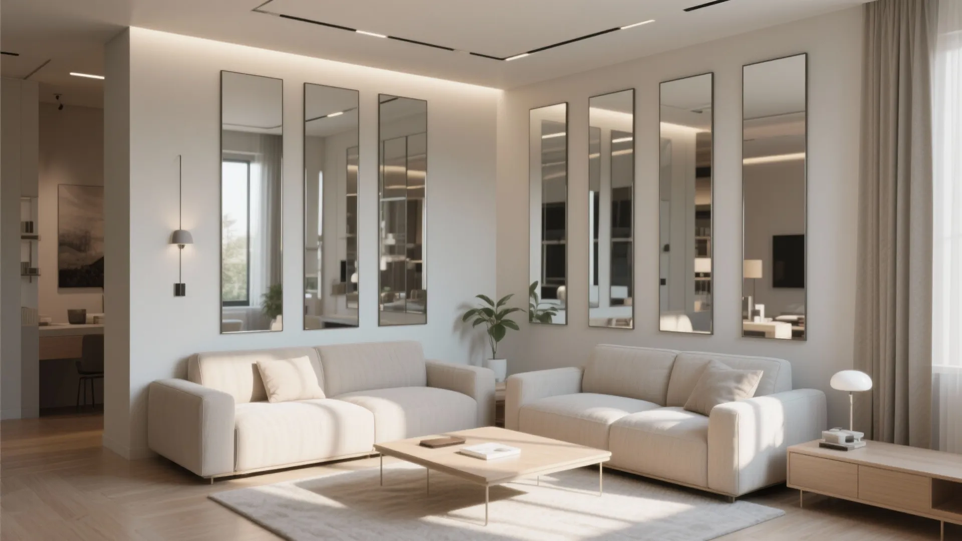 Slim mirrored wall panels enhancing light in small living room