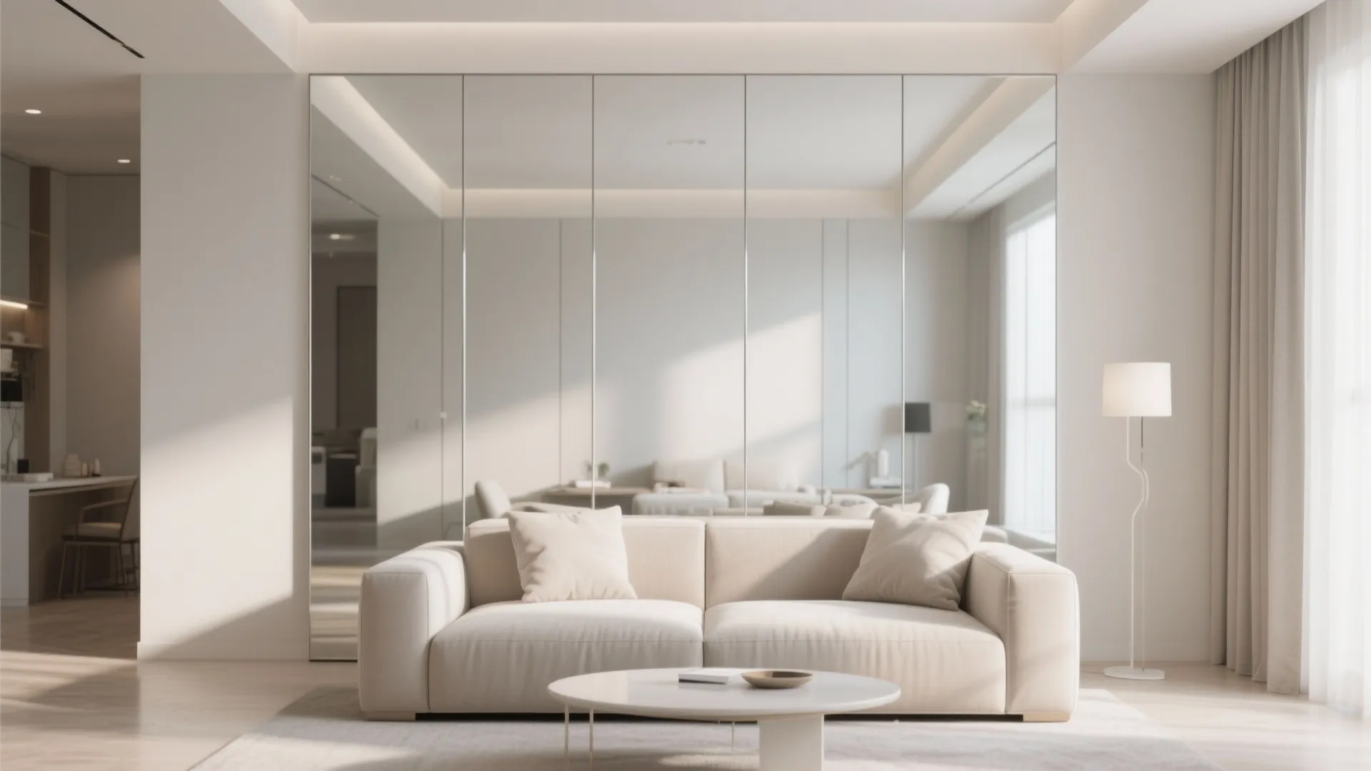 Bright living room featuring a white sofa and a large mirrored wall reflecting the space