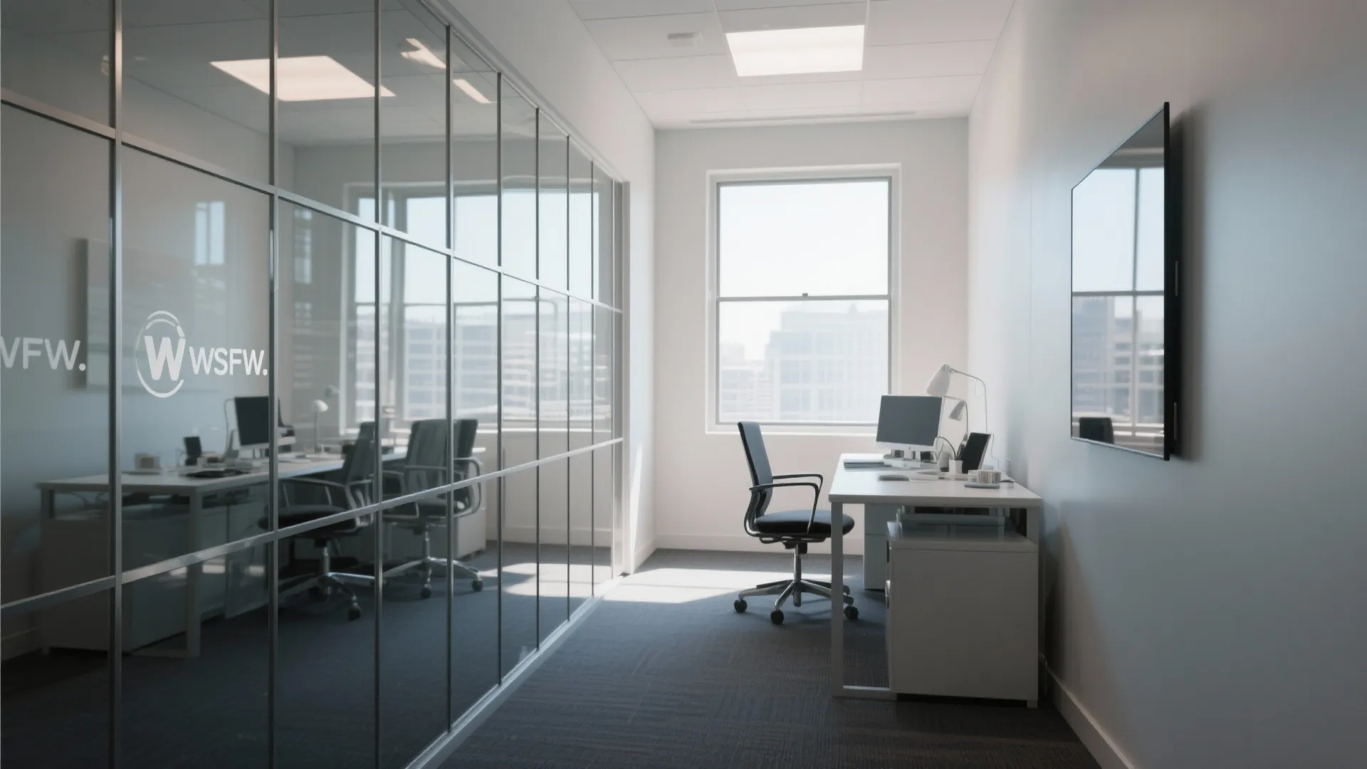 Modern office room with glass wall panels white desk black chair computer window and screen