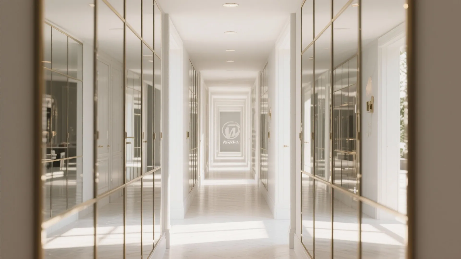 Bright long hallway with gold mirrored wall panels and small round white lights on ceiling