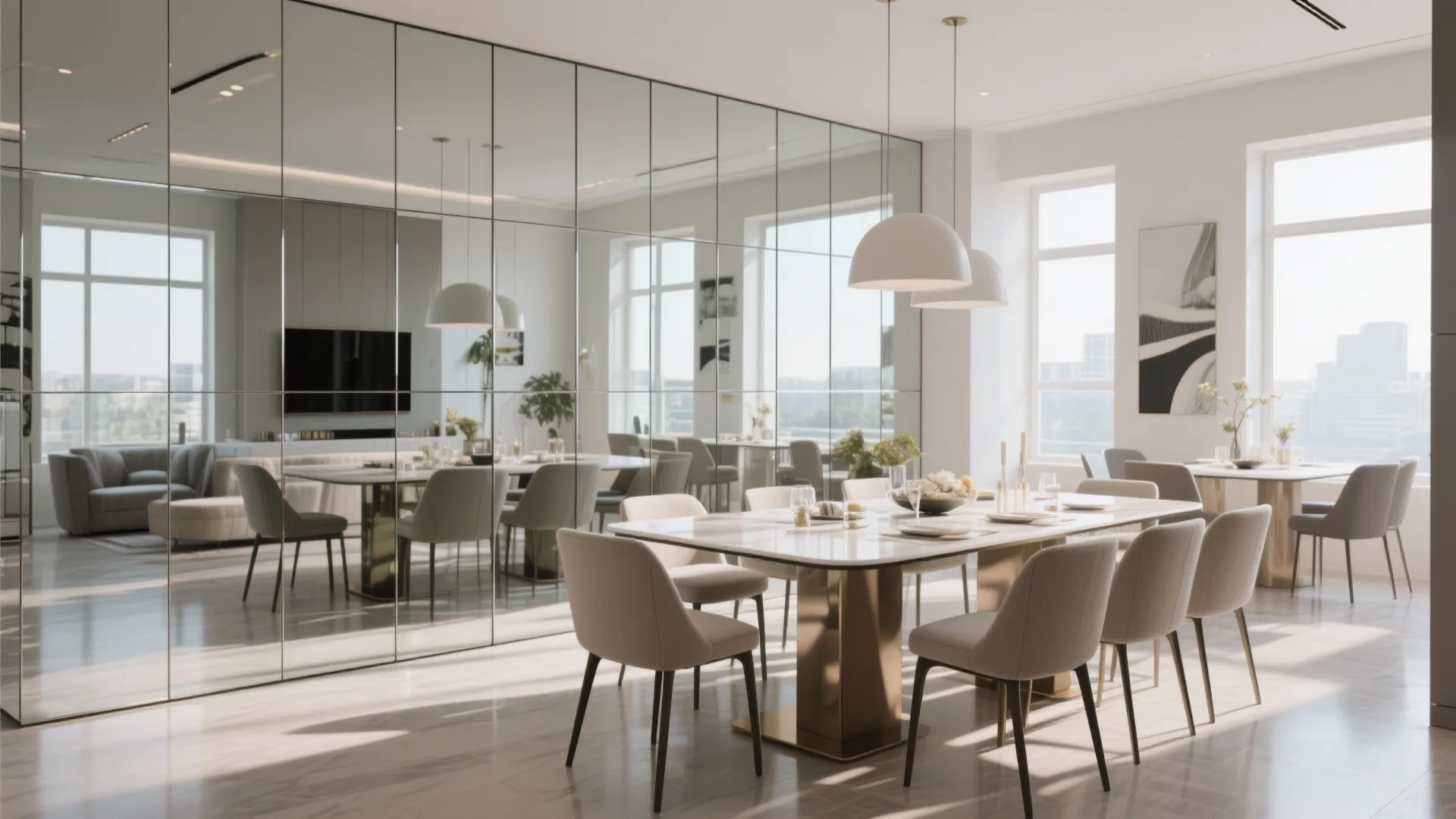 Bright dining room with large mirror wall panels white dining table grey chairs and ceiling lights
