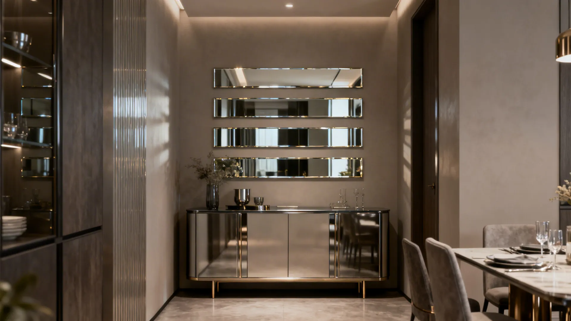 Narrow dining room with horizontal mirrored wall panels above a buffet creating a glamorous reflection
