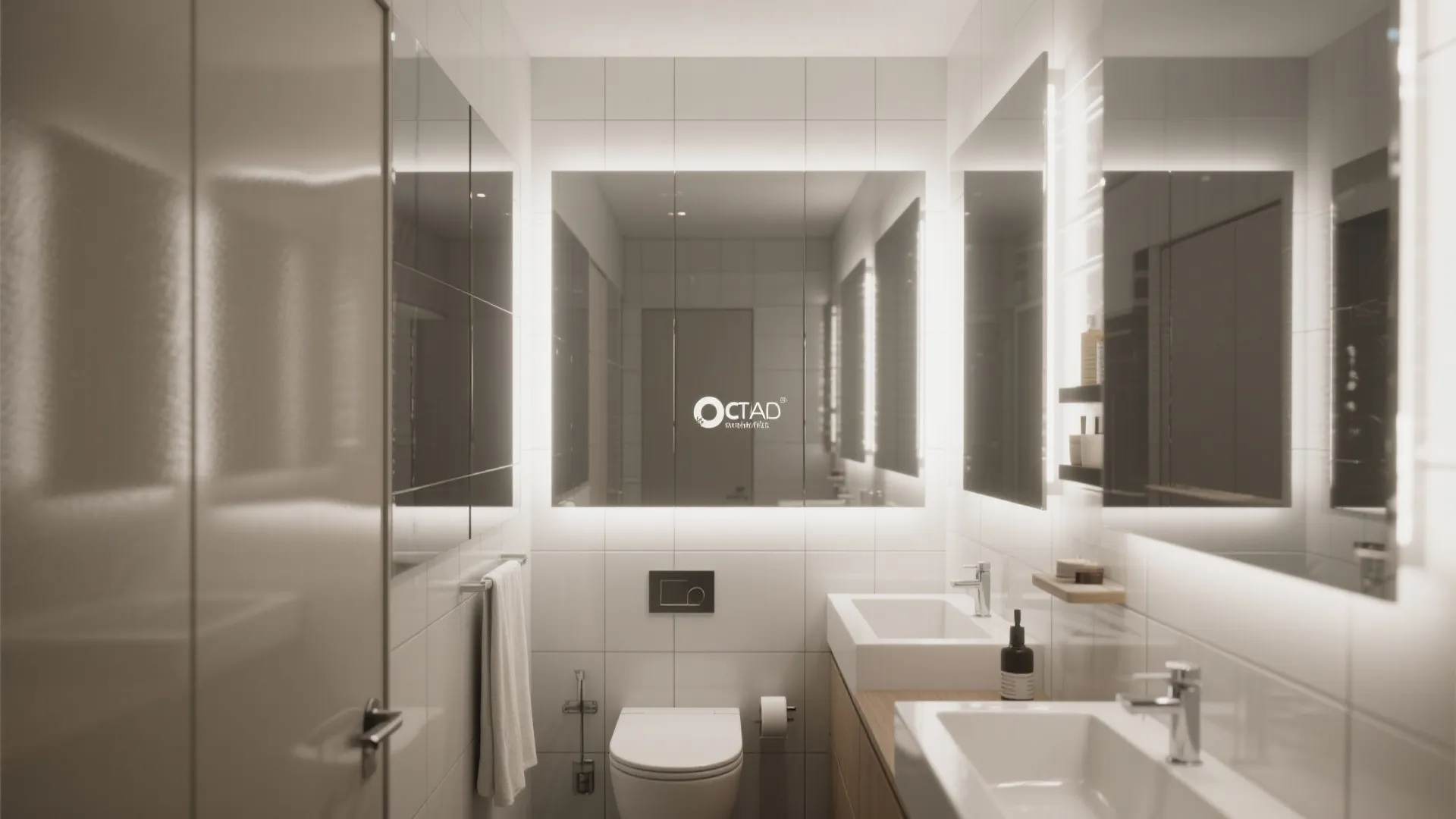 Modern bathroom featuring large mirrors with bright lights white sinks and clean white wall tiles
