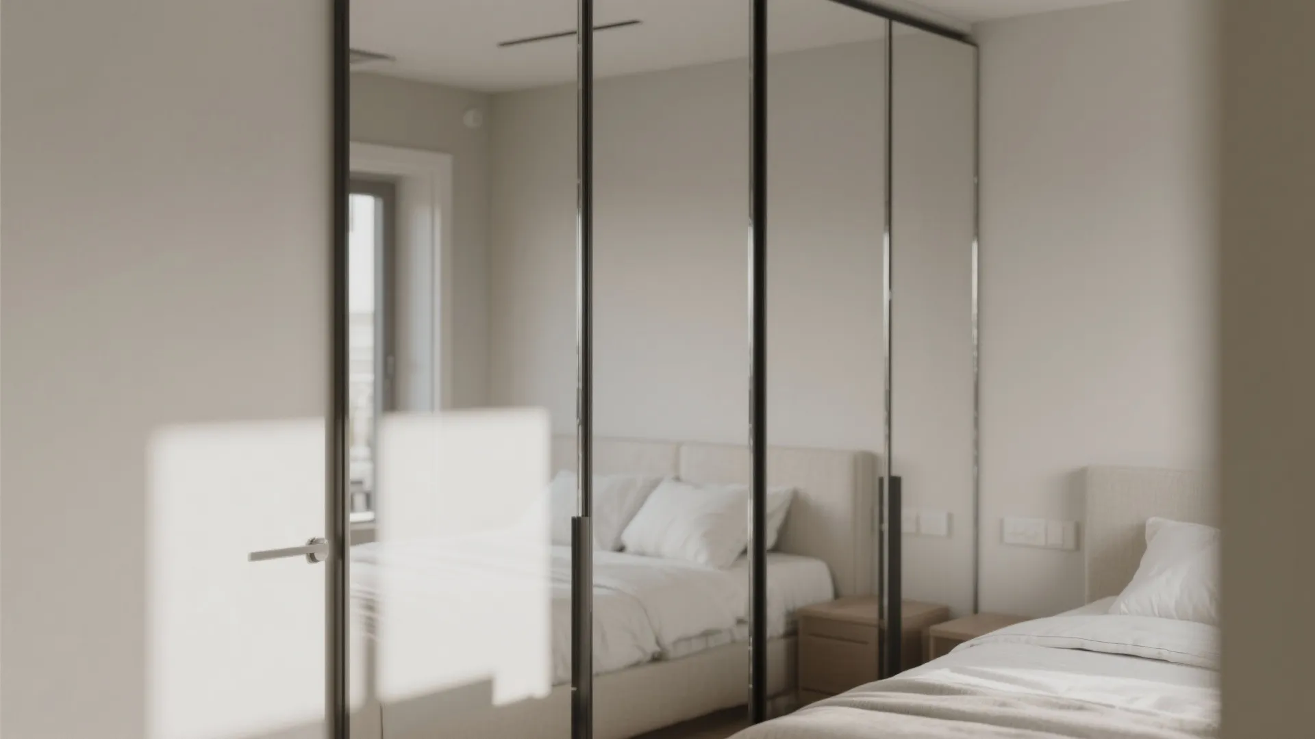 Modern bedroom with large mirrored closet doors reflecting a white bed and light colored walls