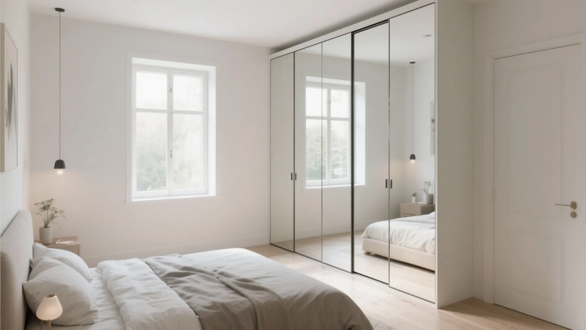 Minimalist white bedroom with large mirrored closet doors reflecting the bed and bright outside window