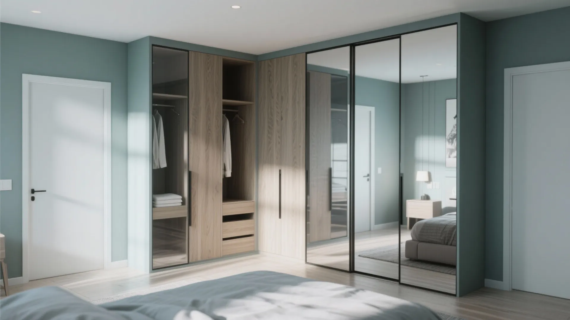 Corner wardrobe with wooden storage shelves and sliding mirror doors in a modern green bedroom