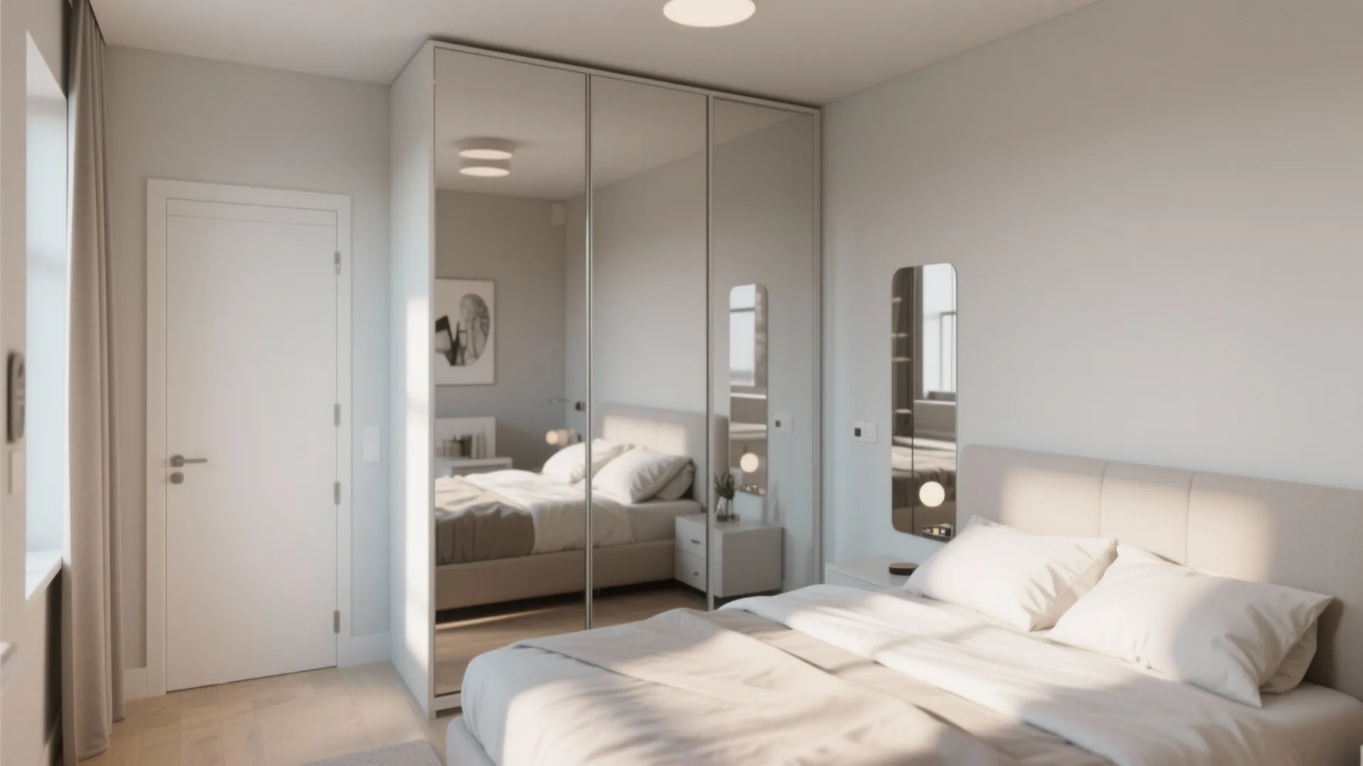 Modern bedroom featuring a large mirrored wardrobe reflecting a comfortable bed and bright natural light