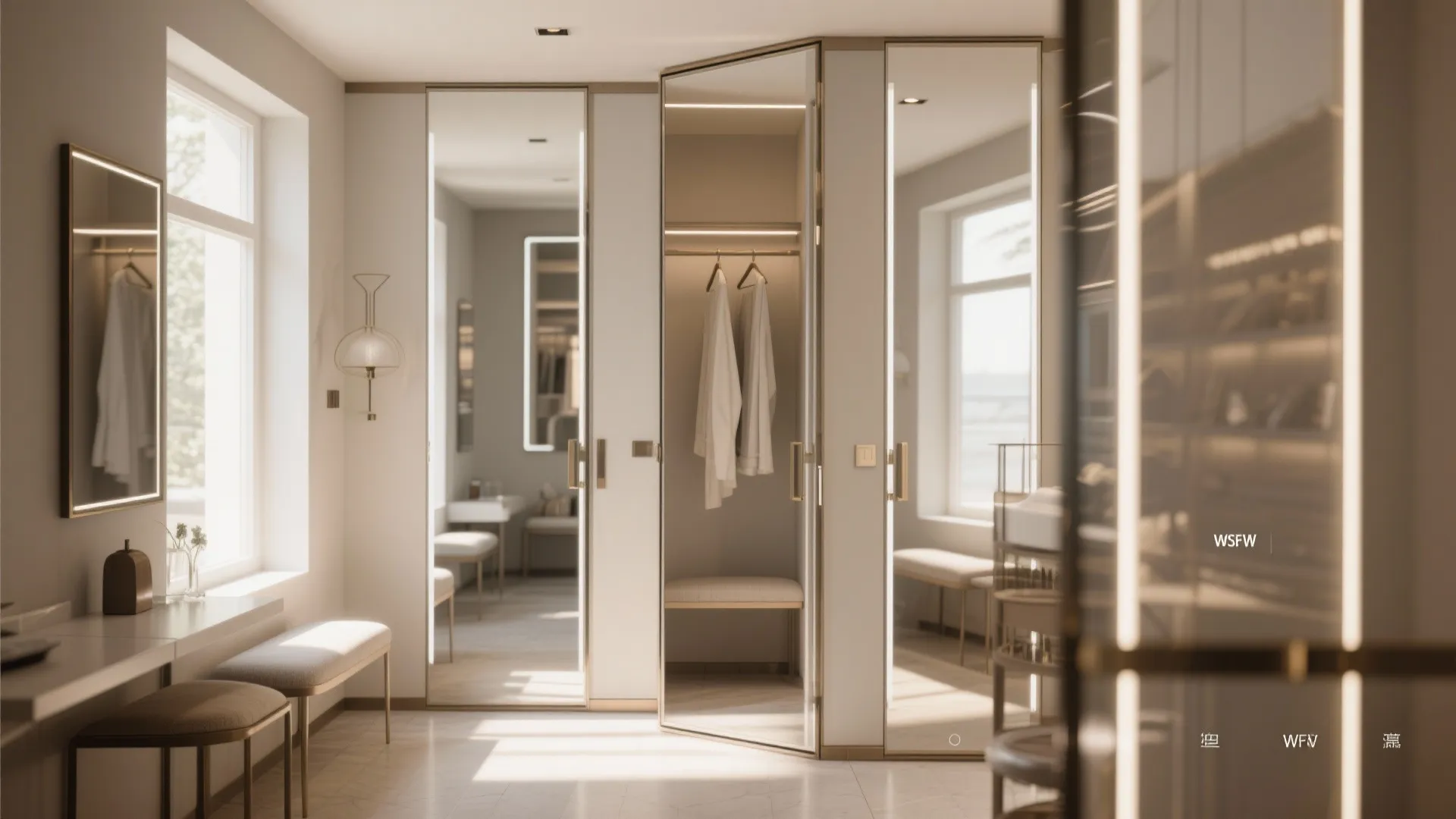 Small changing room with mirrored wardrobe doors for spacious feel