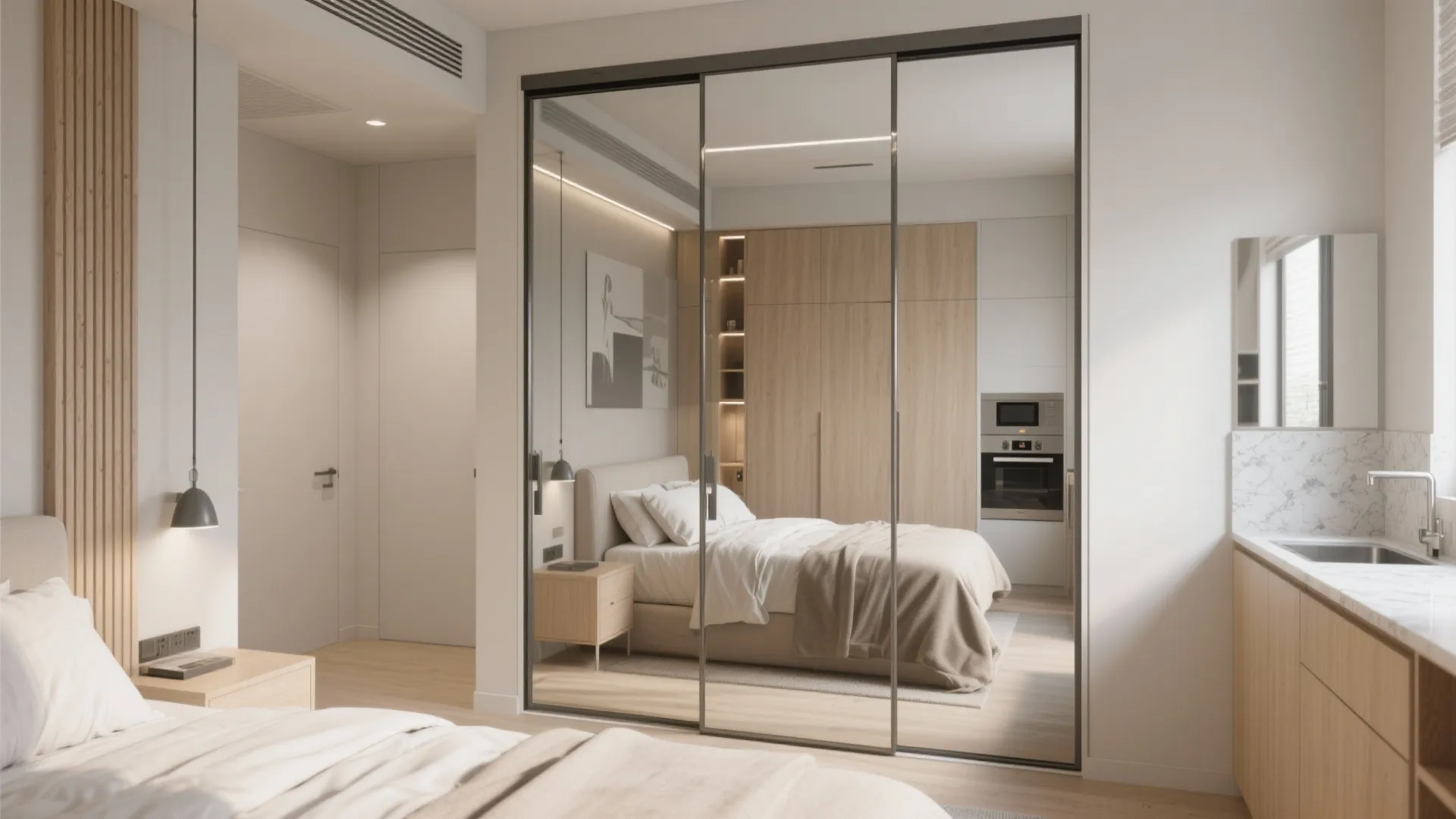 5. Use mirrors, slim wardrobes, and tuck-in zones