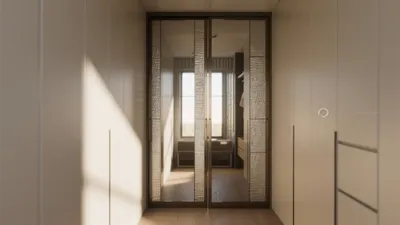 Modern Bedroom Entry with Textured Glass Doors