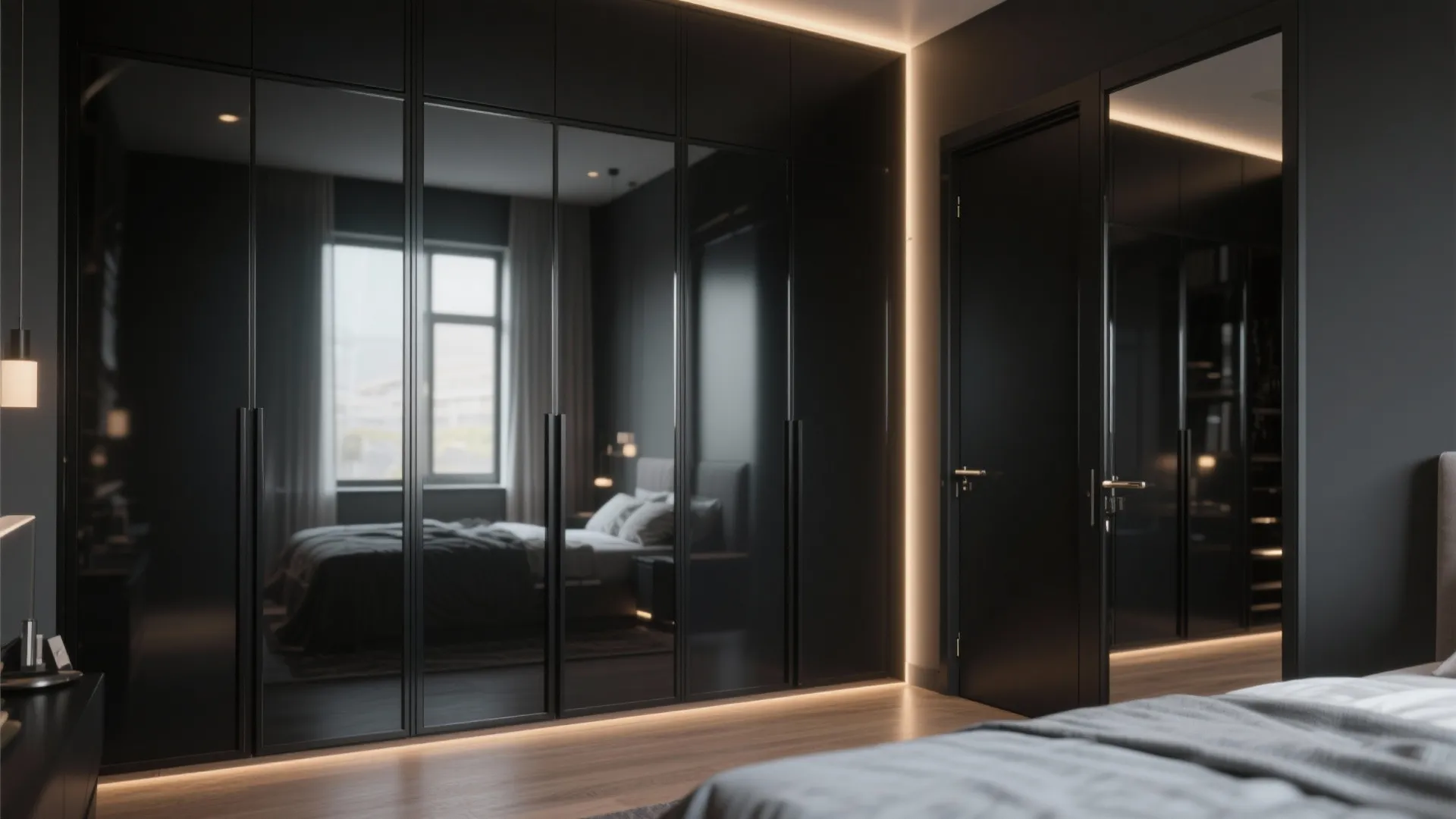 5. Black wardrobe system with mirrored doors