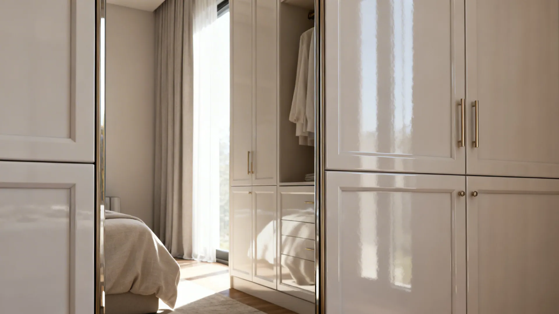 Mirrored wardrobe door and glossy cabinetry reflecting light in a small bedroom