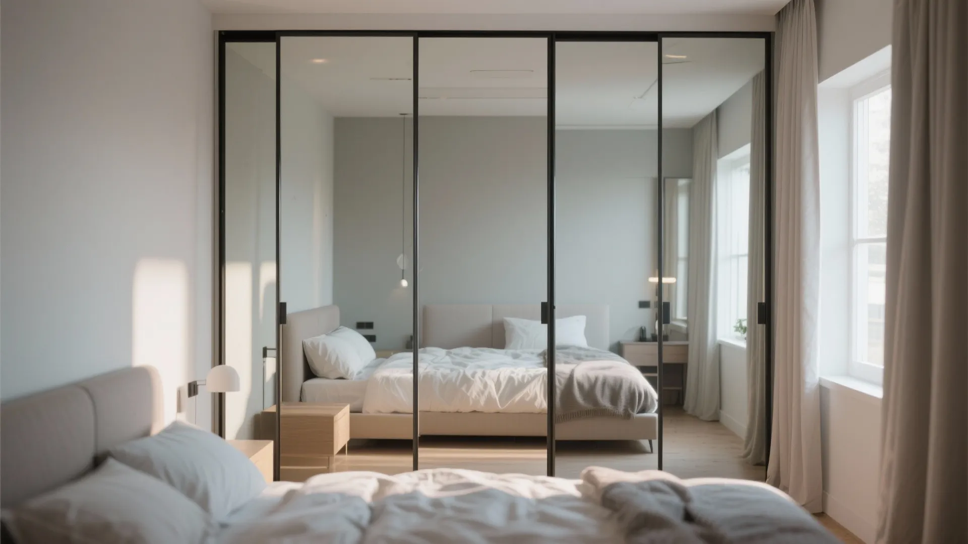 Modern bedroom featuring a large mirrored cabinet with black frames reflecting the bed and window