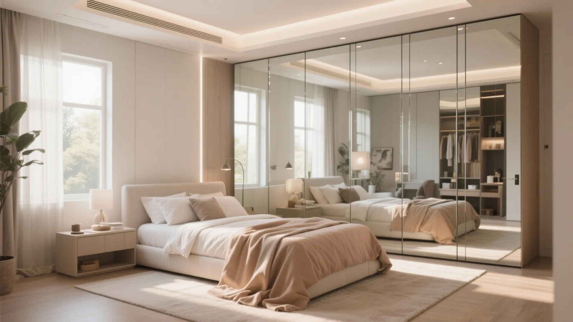 Bright bedroom with a large mirror wall cabinet reflecting the bed and walk-in closet area