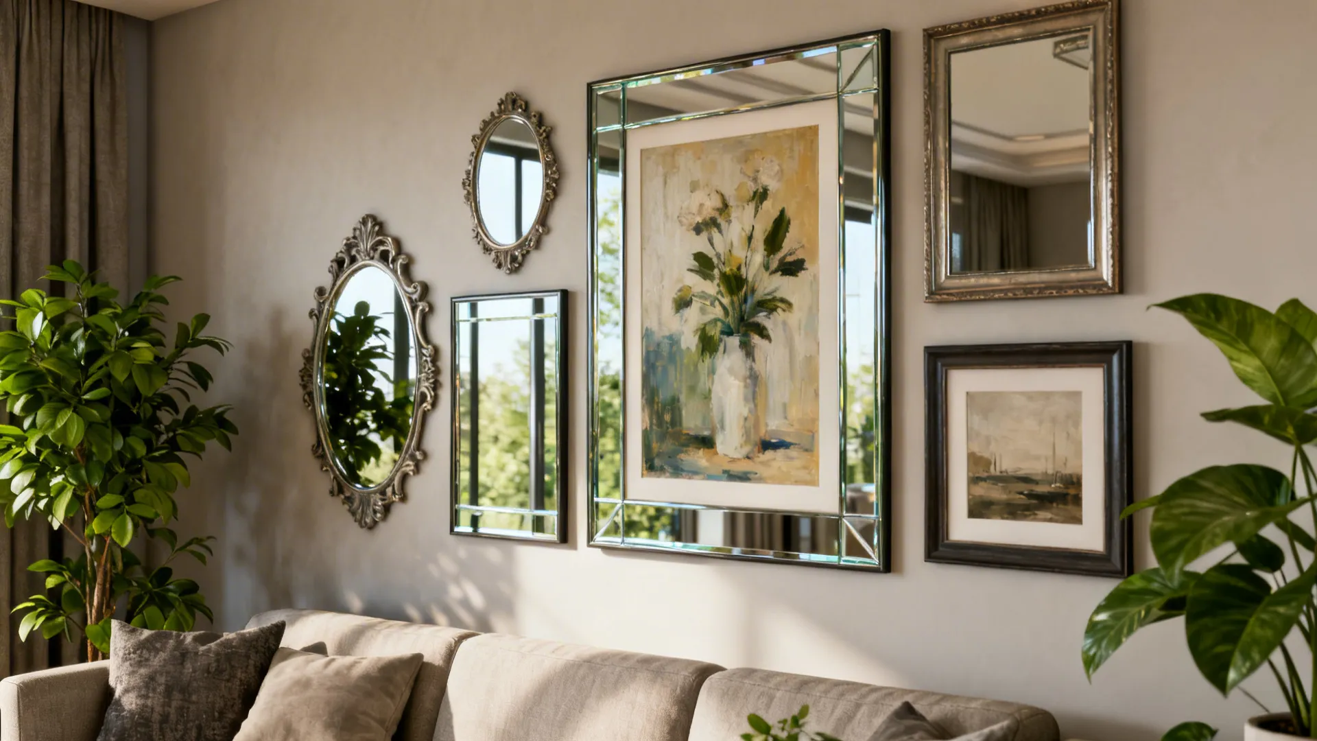 Living room wall mixing mirrors and framed art to reflect light and add depth