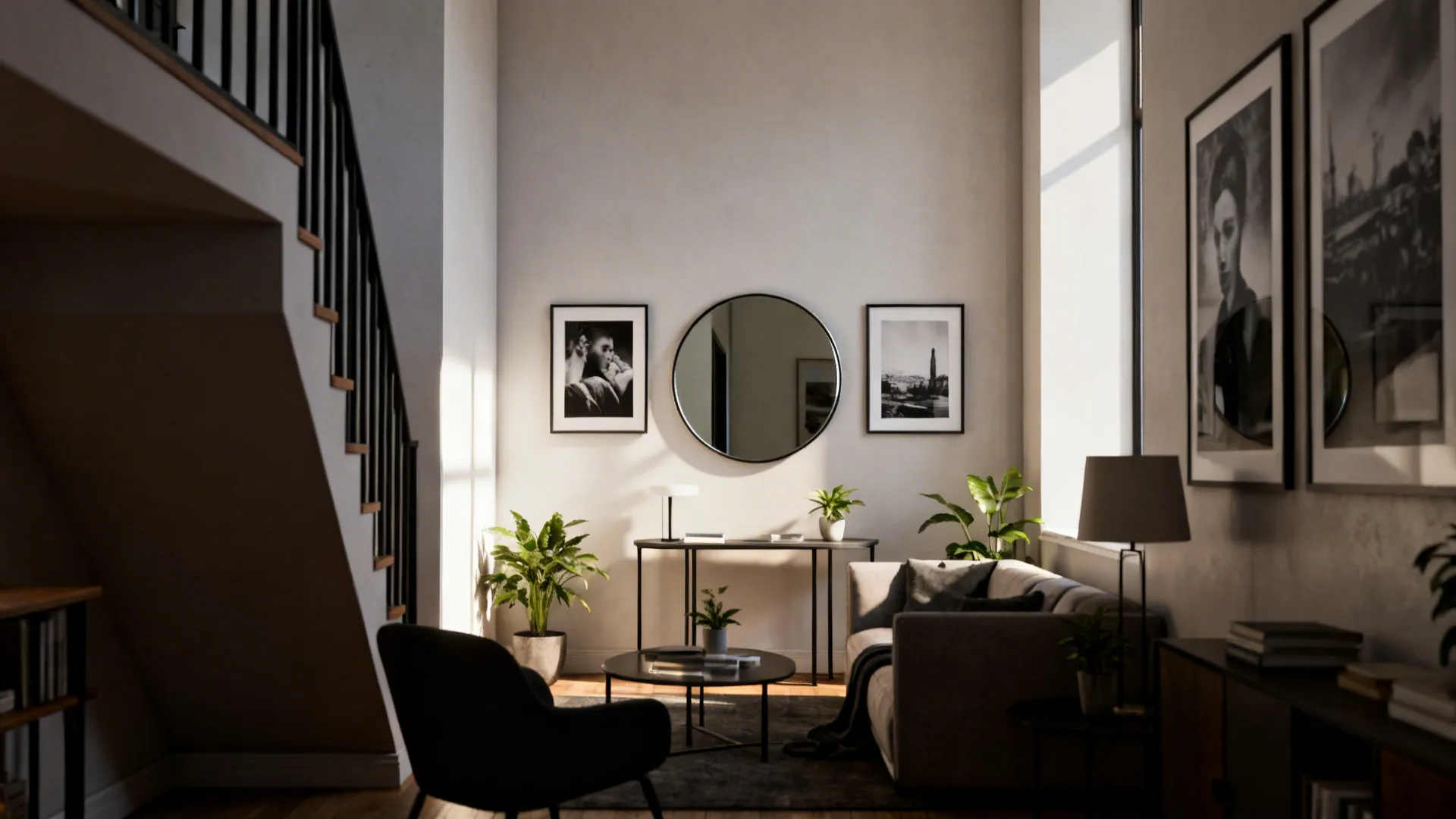 Narrow living room corner with a round mirror and two prints reflecting daylight to amplify space and light.